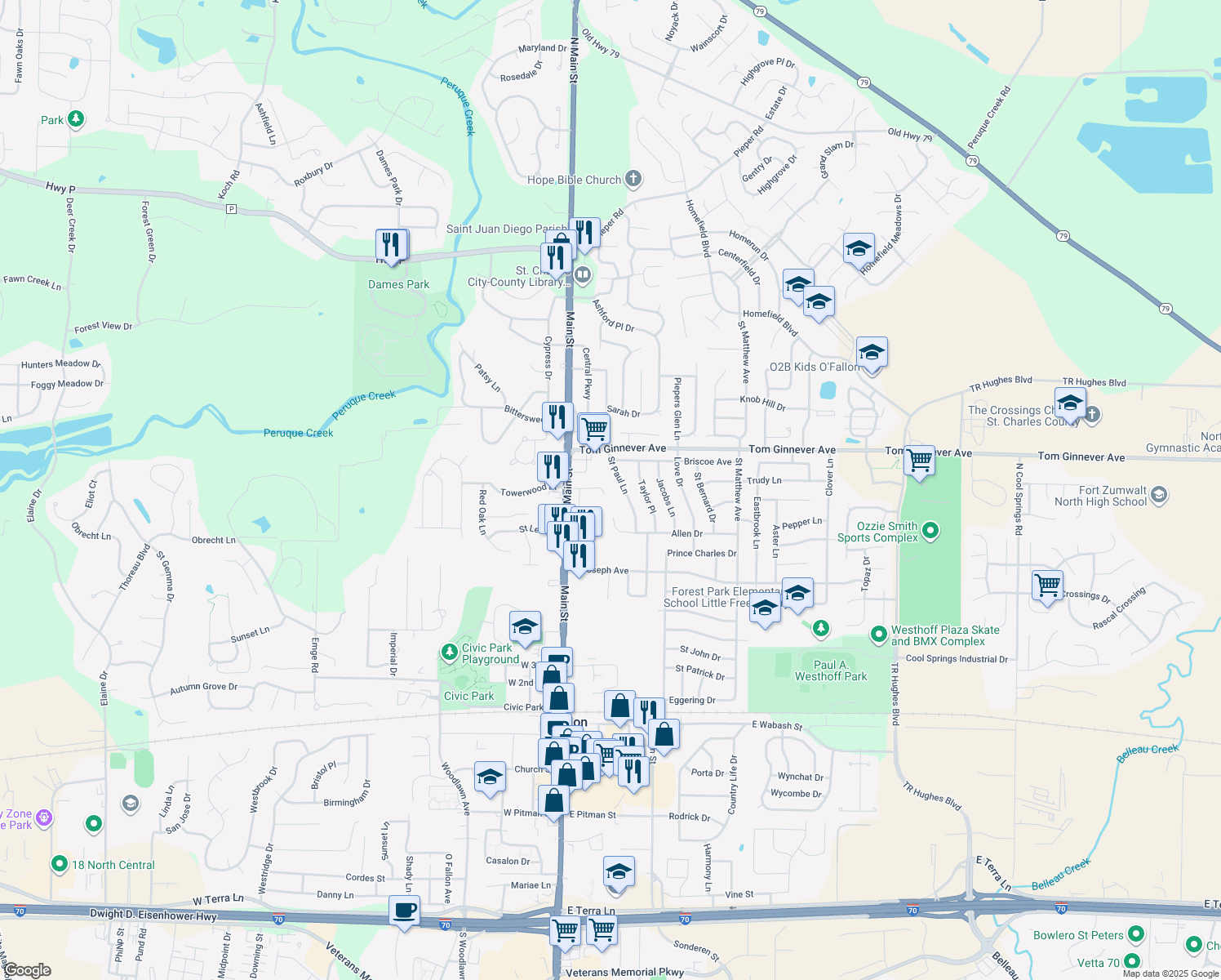 map of restaurants, bars, coffee shops, grocery stores, and more near 143 East Towerwood Drive in O'Fallon