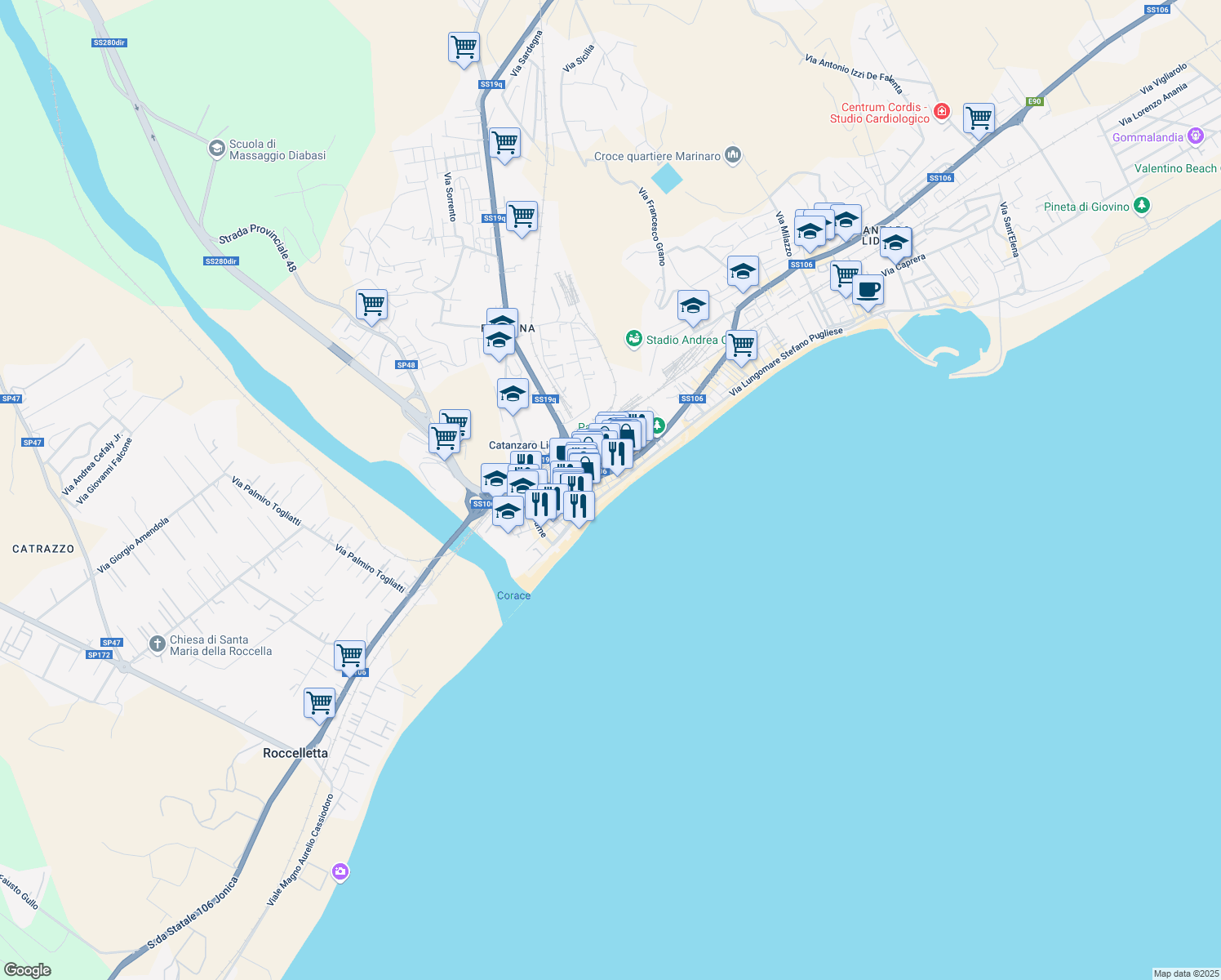 map of restaurants, bars, coffee shops, grocery stores, and more near Via Lungomare in Catanzaro