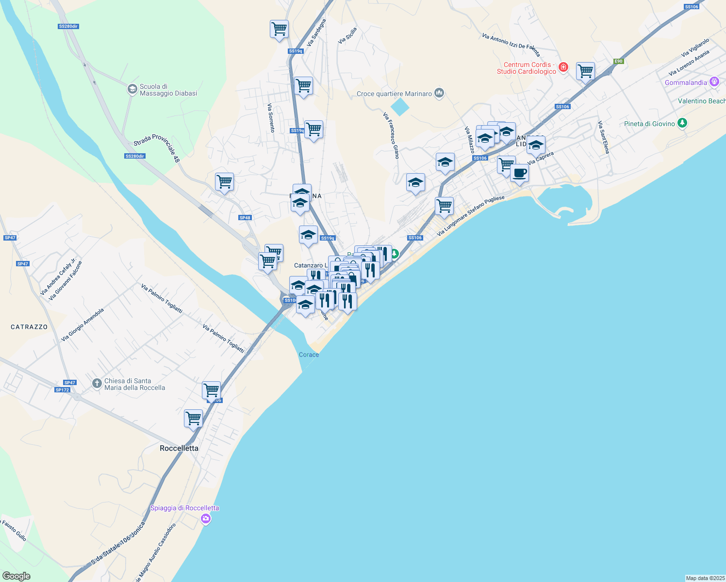 map of restaurants, bars, coffee shops, grocery stores, and more near 4 Via Tommaso Gullì in Catanzaro