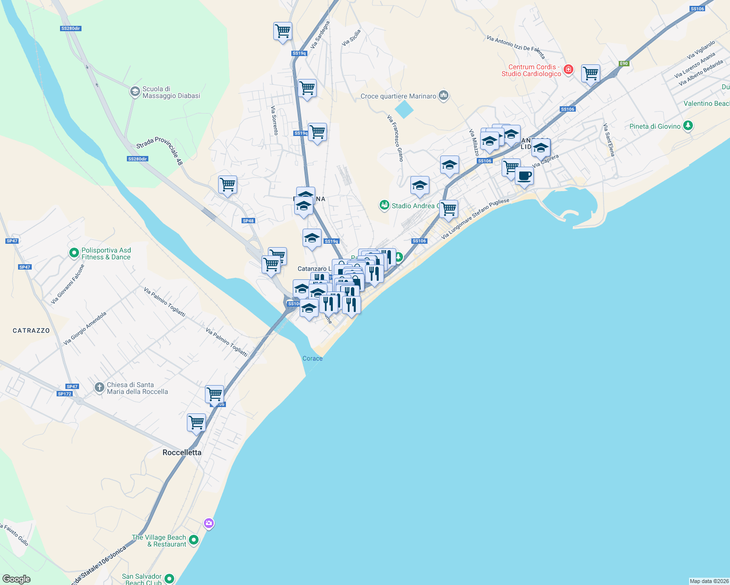 map of restaurants, bars, coffee shops, grocery stores, and more near 5 Via Nicea in Catanzaro