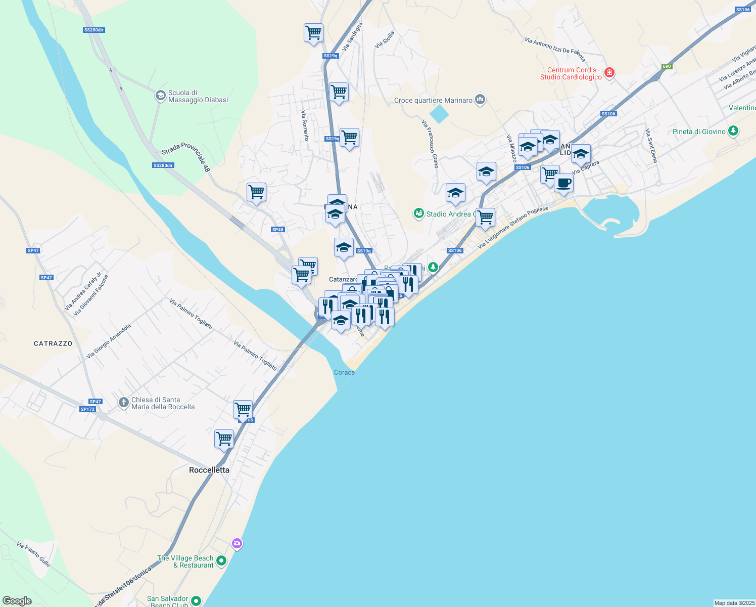 map of restaurants, bars, coffee shops, grocery stores, and more near 22 Piazza Anita Garibaldi in Catanzaro