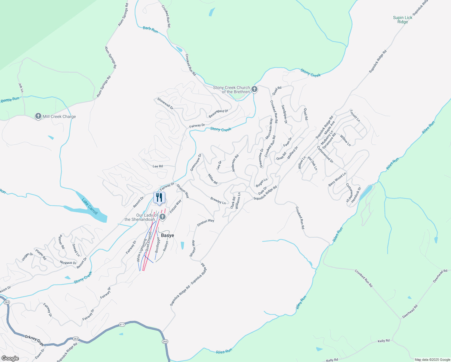 map of restaurants, bars, coffee shops, grocery stores, and more near 600 Brawley Lane in Mount Jackson