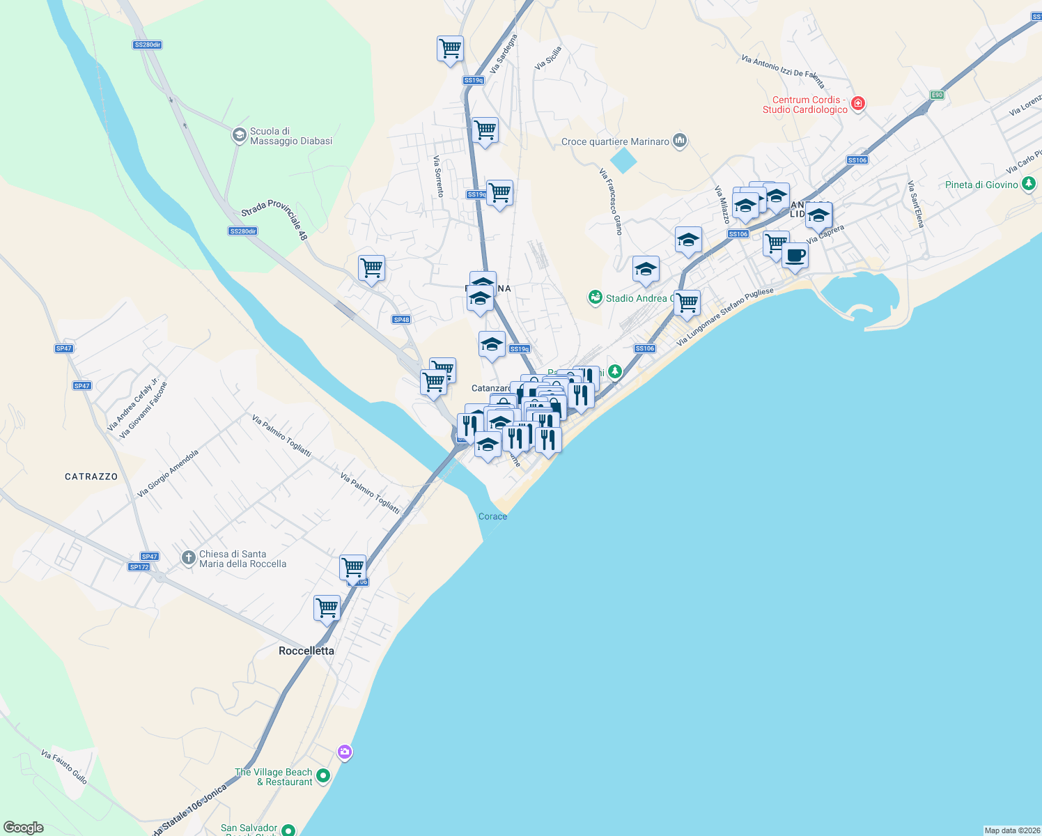 map of restaurants, bars, coffee shops, grocery stores, and more near in Catanzaro Lido