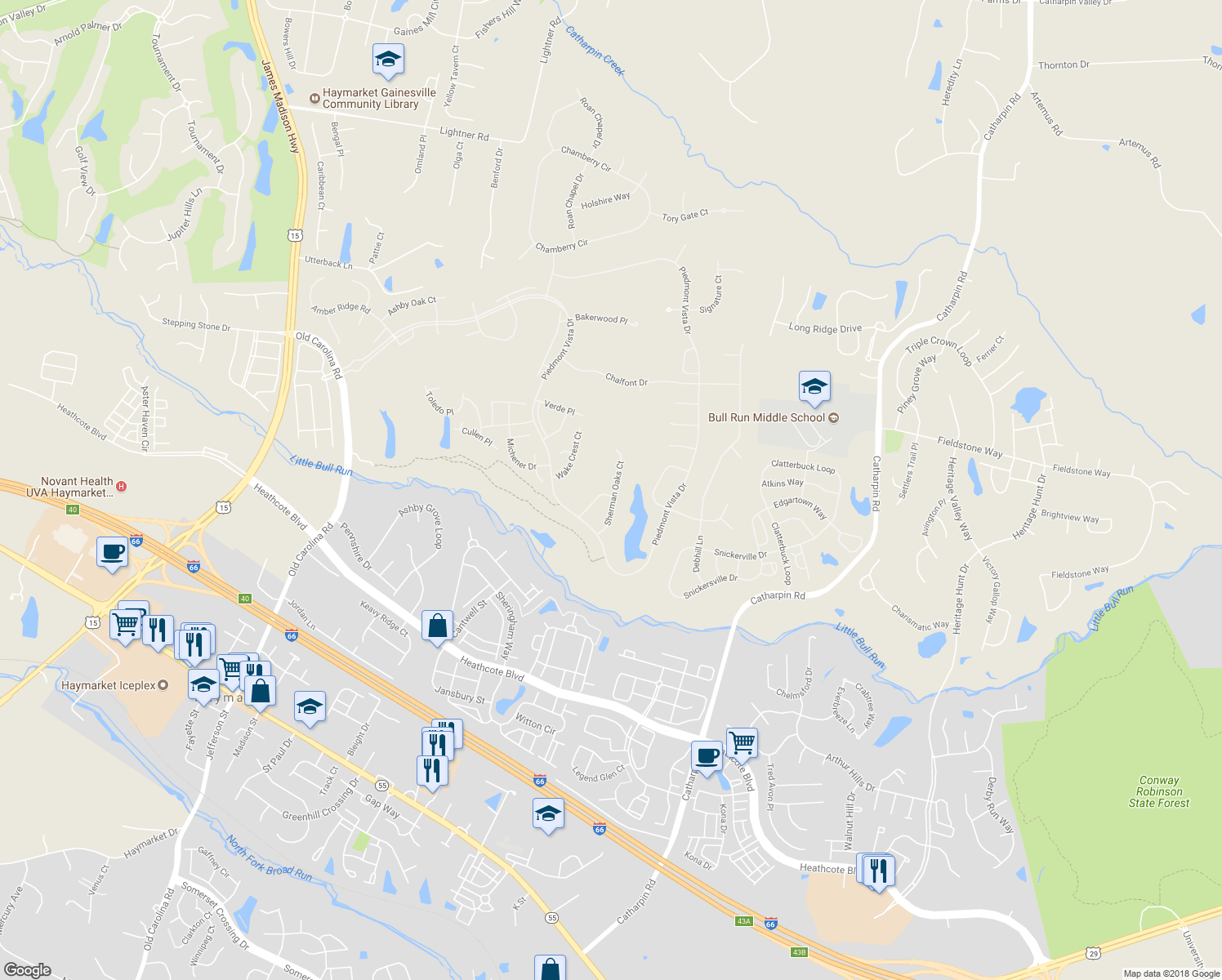 map of restaurants, bars, coffee shops, grocery stores, and more near 14250 Wythridge Way in Haymarket