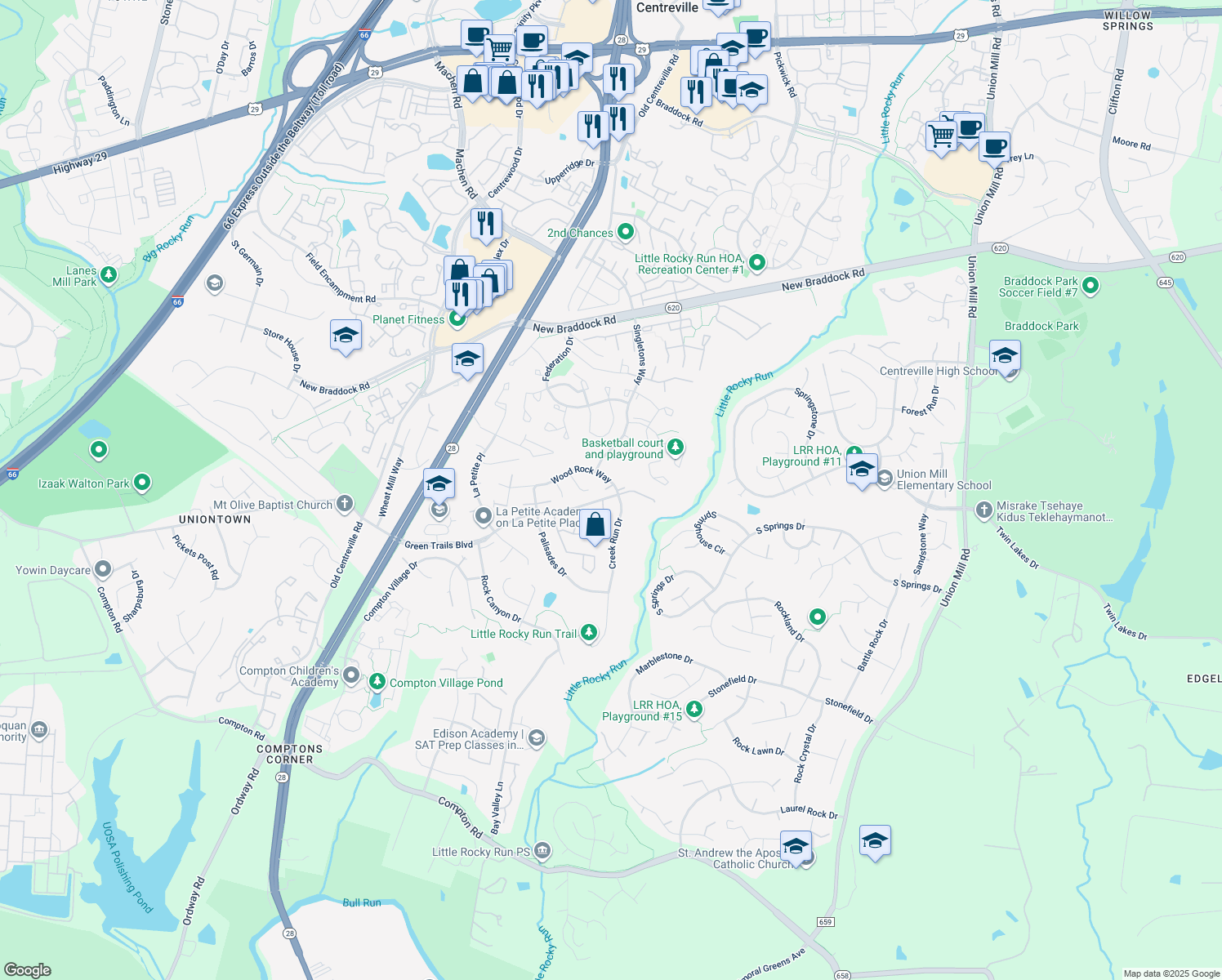 map of restaurants, bars, coffee shops, grocery stores, and more near 14003 Wood Rock Way in Centreville