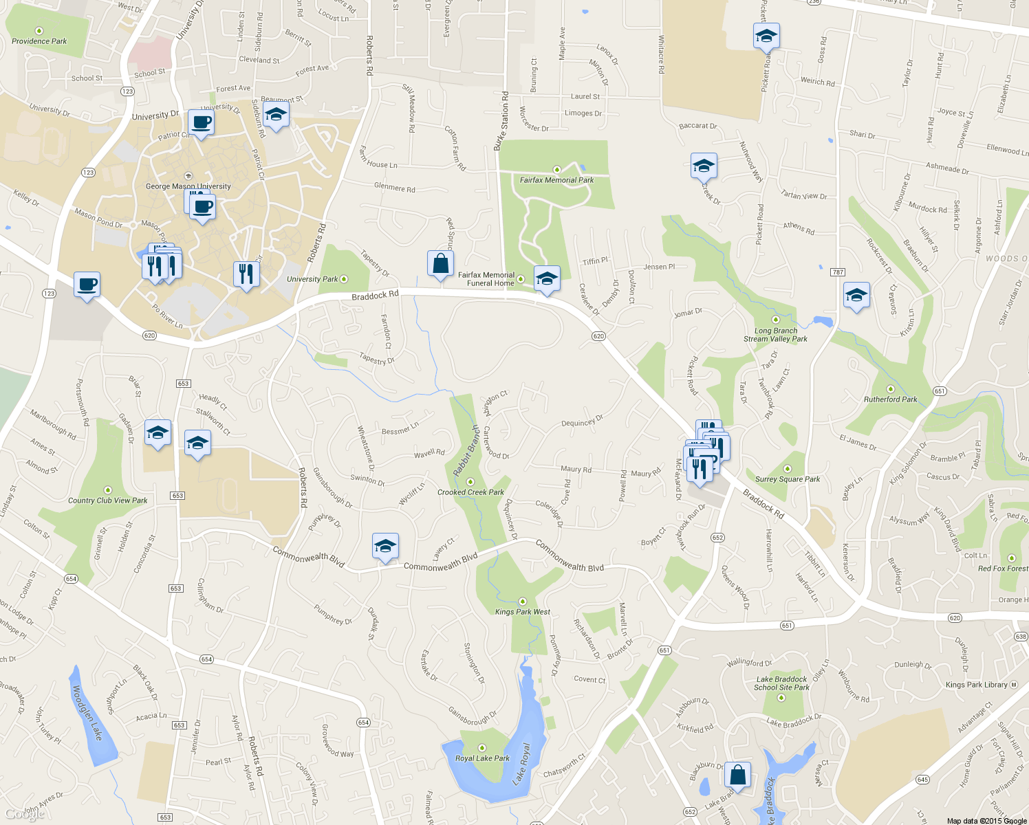 map of restaurants, bars, coffee shops, grocery stores, and more near 4701 Carterwood Drive in Fairfax