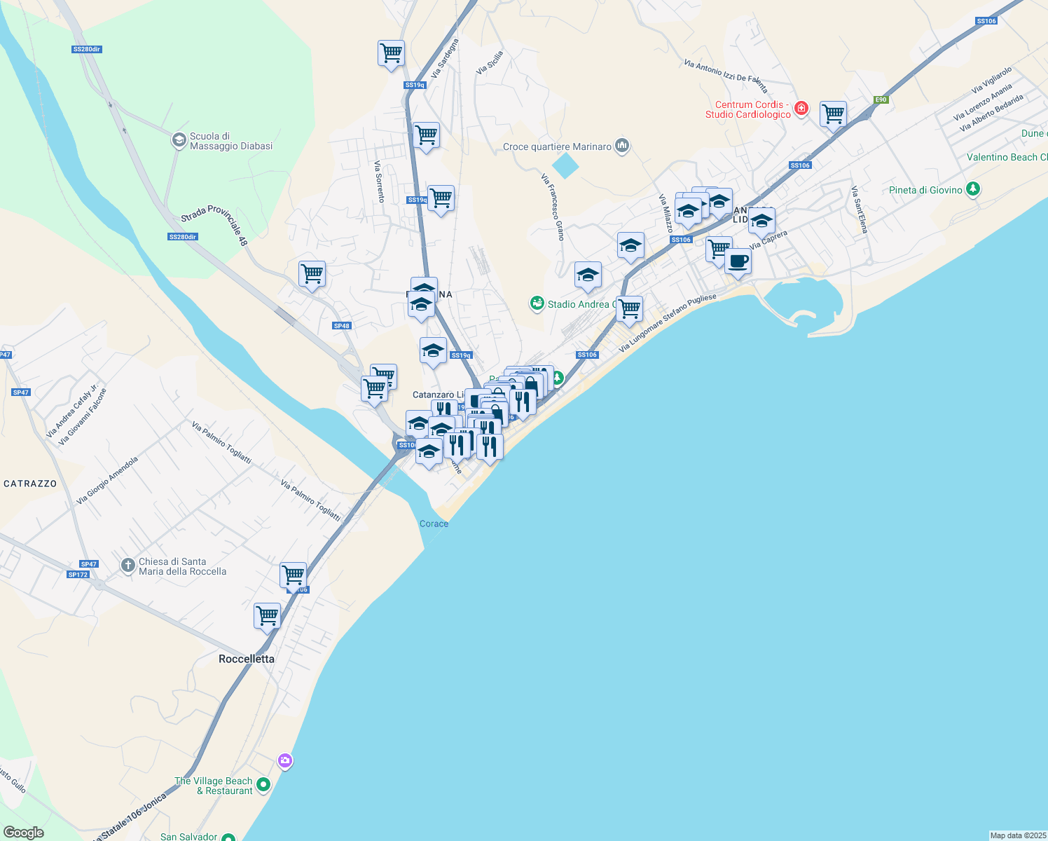 map of restaurants, bars, coffee shops, grocery stores, and more near 5 Via Nicea in Catanzaro