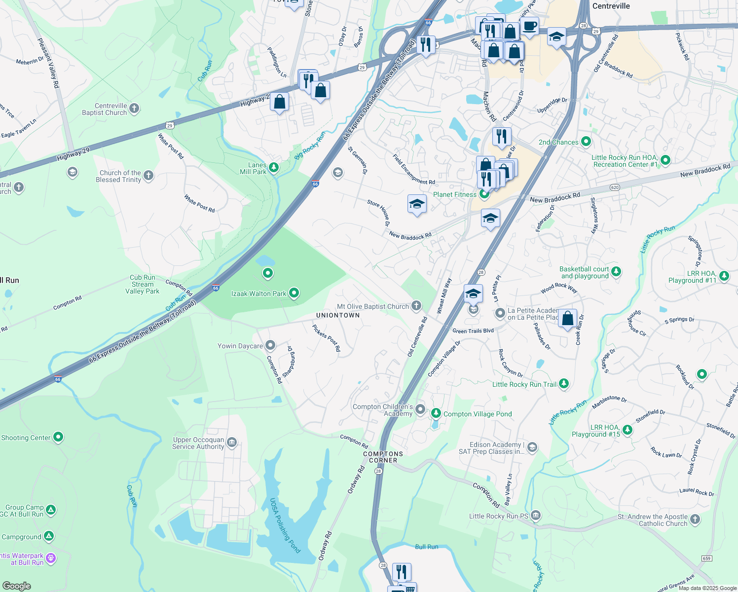 map of restaurants, bars, coffee shops, grocery stores, and more near 6668 Jackson Fields Court in Centreville