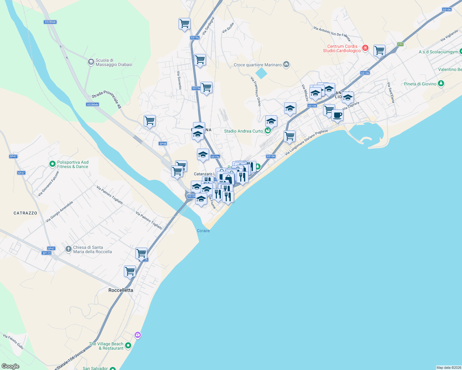 map of restaurants, bars, coffee shops, grocery stores, and more near 50 Via Torrazzo in Catanzaro