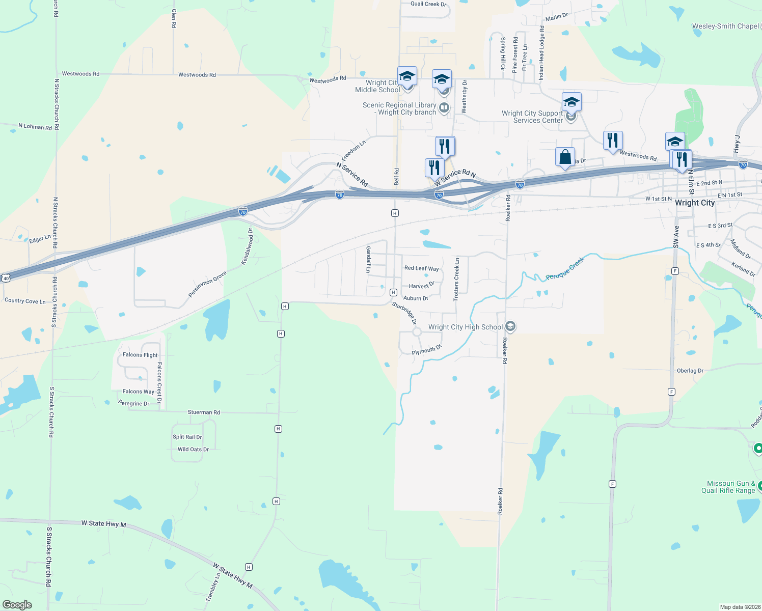 map of restaurants, bars, coffee shops, grocery stores, and more near 655 State Highway H in Wright City