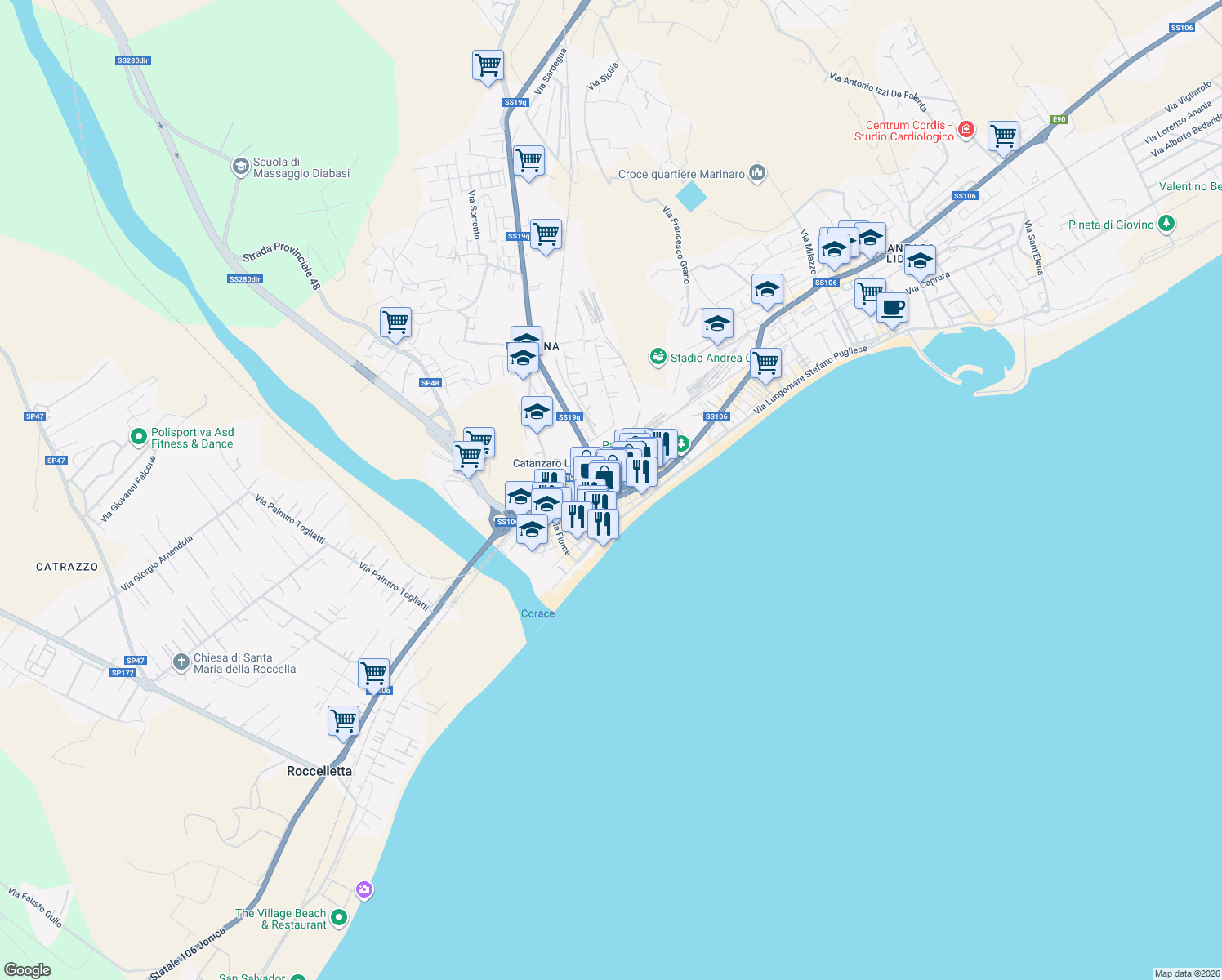 map of restaurants, bars, coffee shops, grocery stores, and more near 50 Via Torrazzo in Catanzaro