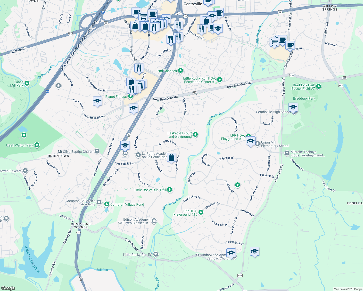 map of restaurants, bars, coffee shops, grocery stores, and more near 14000 Wood Rock Way in Centreville