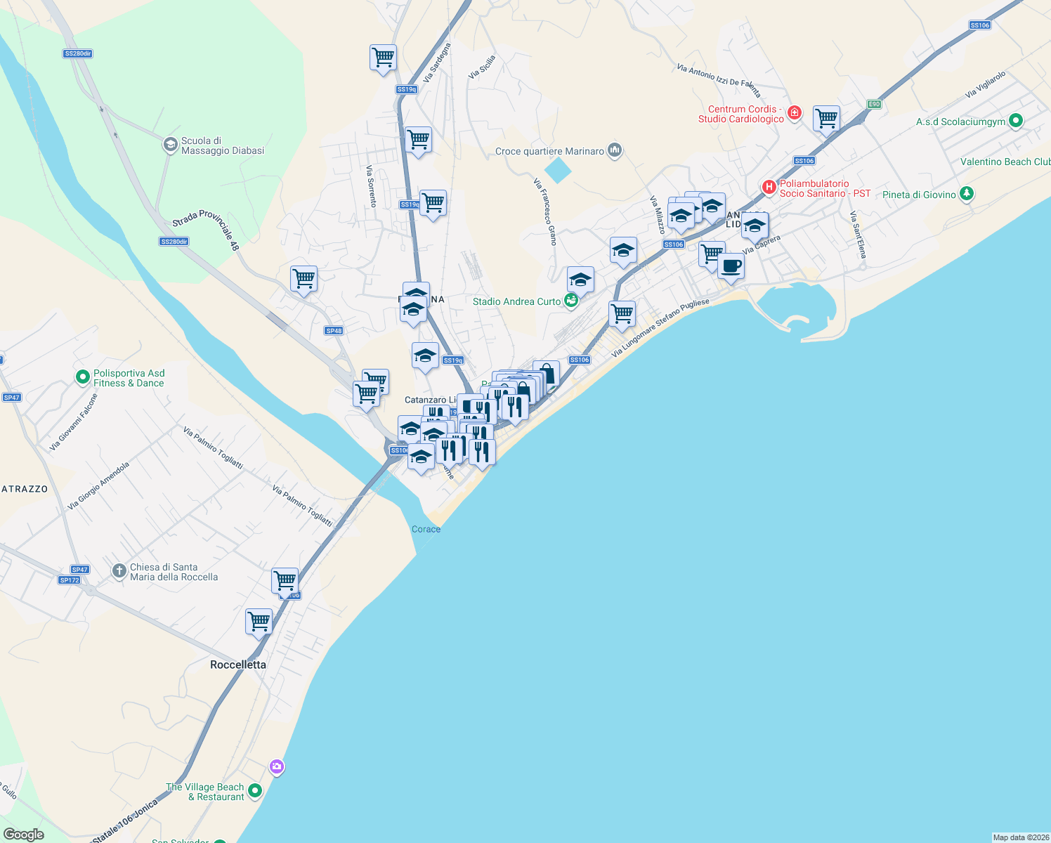map of restaurants, bars, coffee shops, grocery stores, and more near 5 Largo Murano in Catanzaro