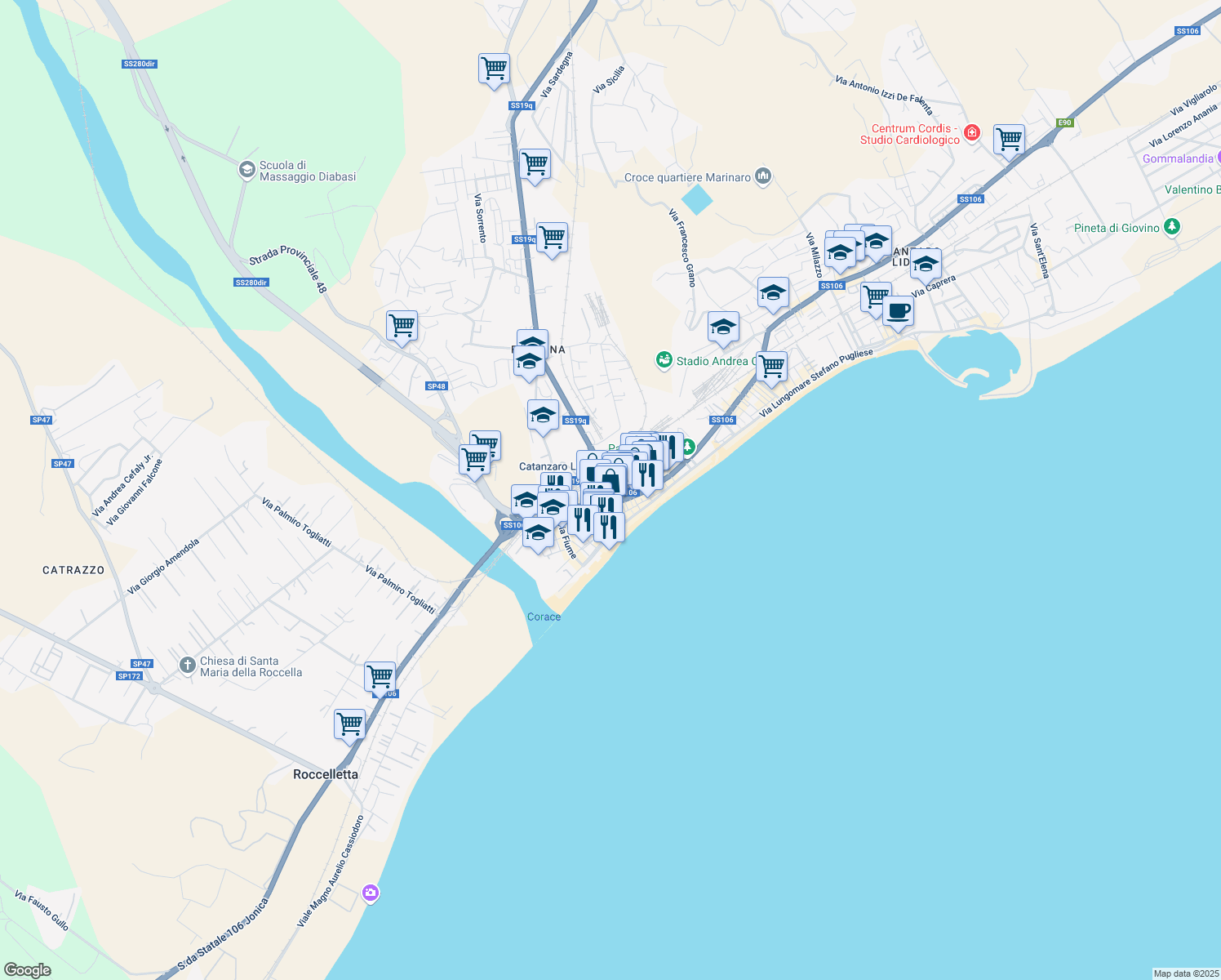 map of restaurants, bars, coffee shops, grocery stores, and more near 50 Via Torrazzo in Catanzaro