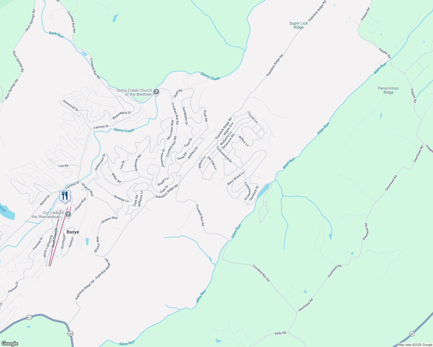 map of restaurants, bars, coffee shops, grocery stores, and more near 73 Pin Oak Lane in Mount Jackson