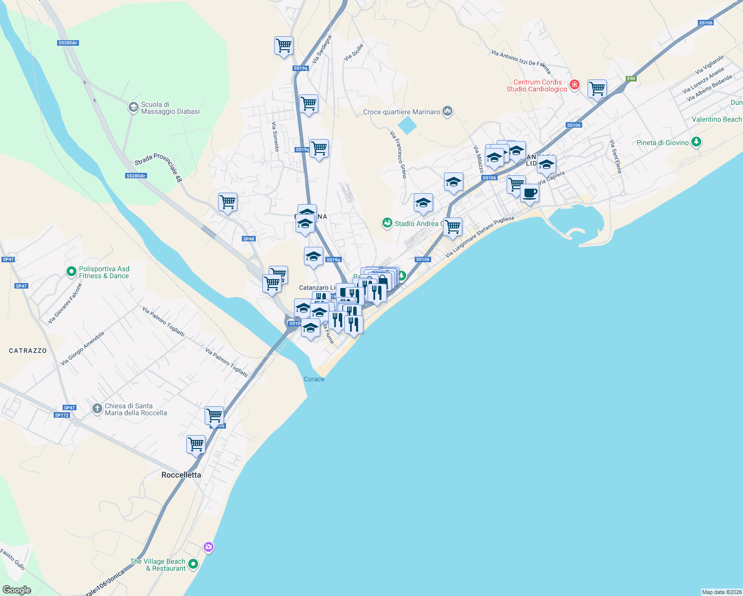 map of restaurants, bars, coffee shops, grocery stores, and more near 5 Largo Murano in Catanzaro