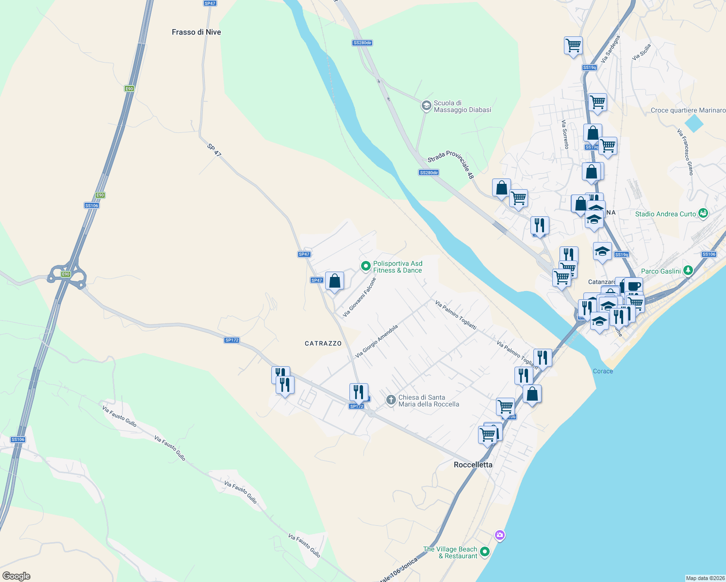 map of restaurants, bars, coffee shops, grocery stores, and more near 39 Via Giovanni Falcone in Provincia di Catanzaro