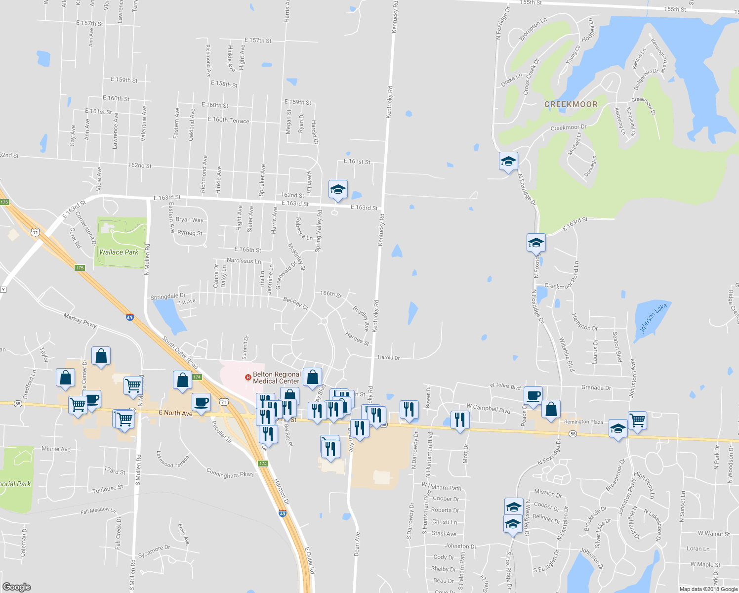 map of restaurants, bars, coffee shops, grocery stores, and more near 16612 Kentucky Road in Belton