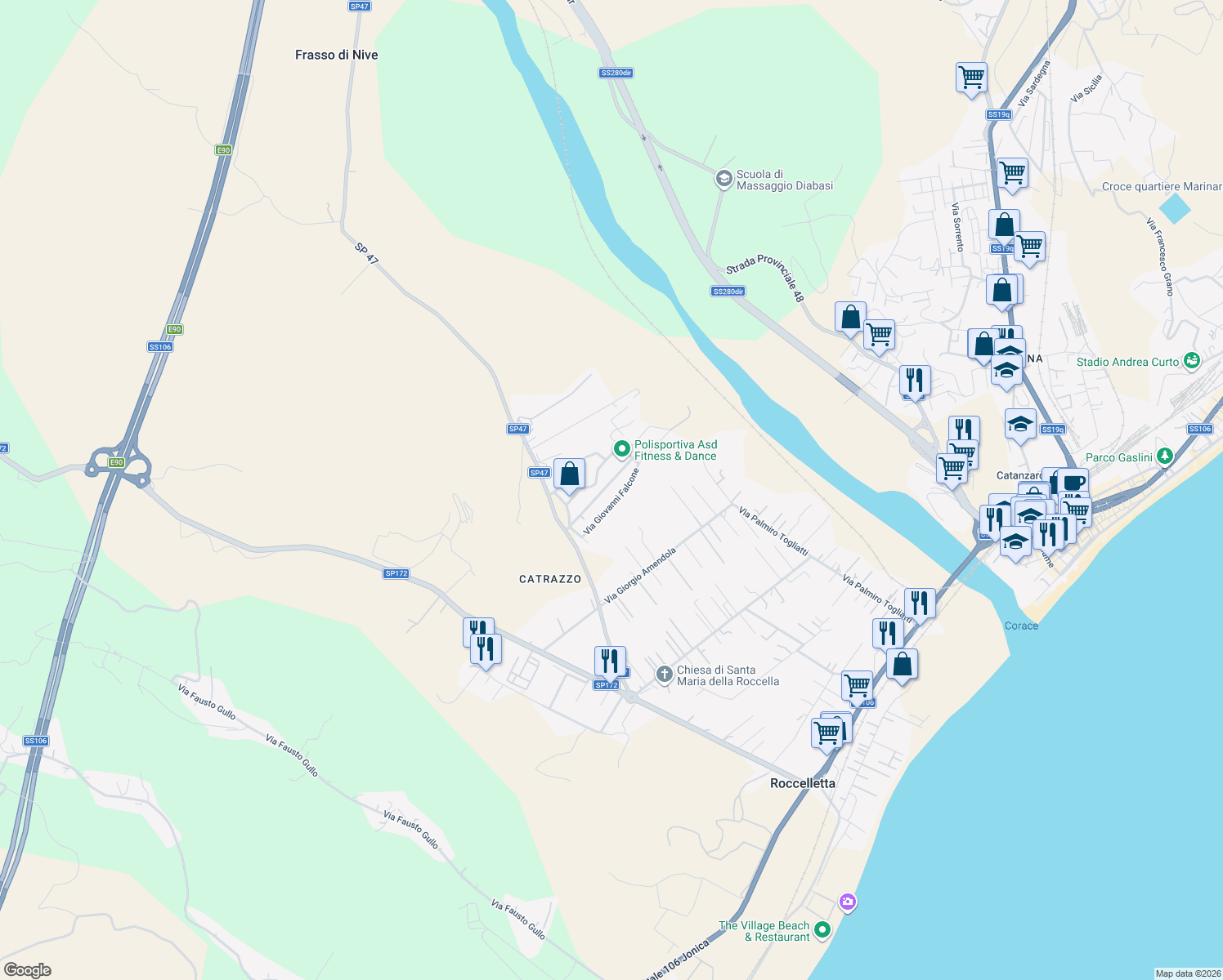 map of restaurants, bars, coffee shops, grocery stores, and more near 39 Via Giovanni Falcone in Provincia di Catanzaro