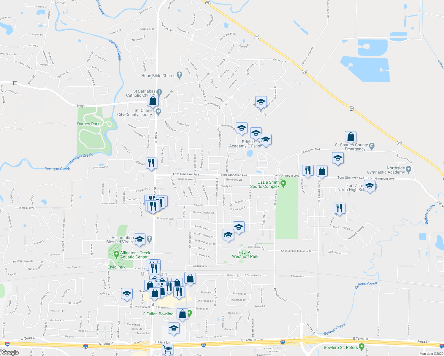 map of restaurants, bars, coffee shops, grocery stores, and more near 907 Eastbrook Lane in O'Fallon