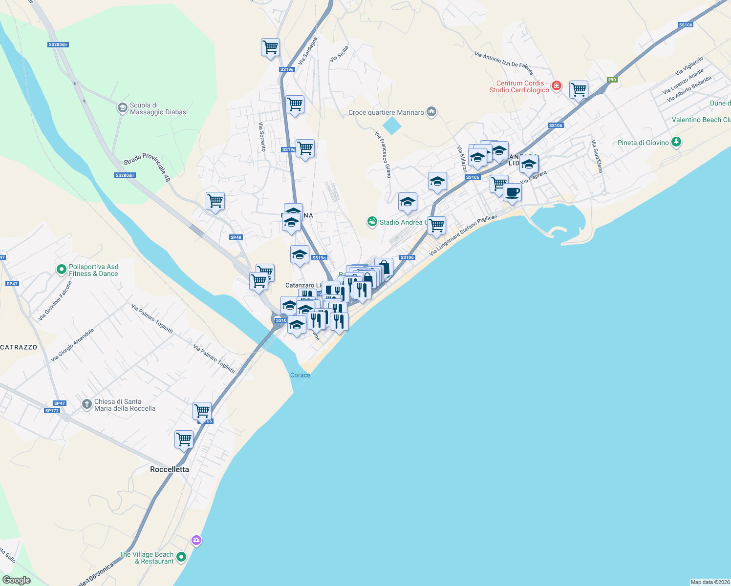 map of restaurants, bars, coffee shops, grocery stores, and more near 5 Largo Murano in Catanzaro