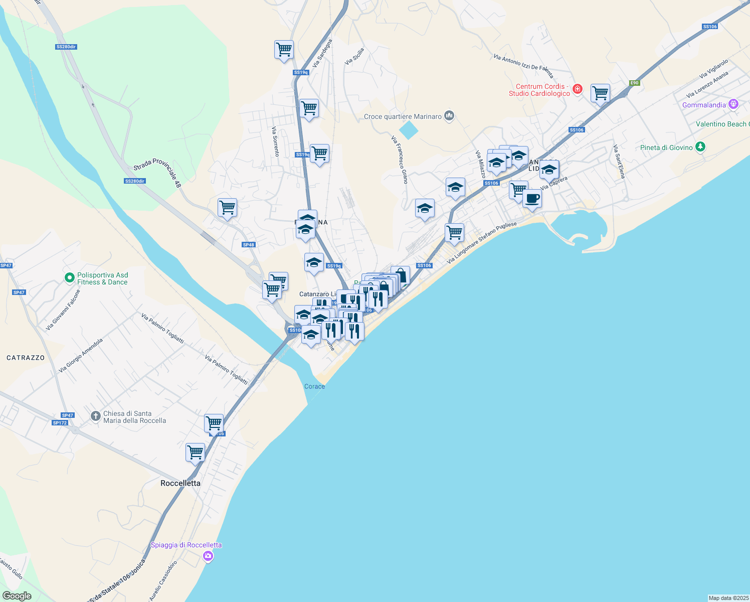 map of restaurants, bars, coffee shops, grocery stores, and more near 50 Via del Commercio in Catanzaro