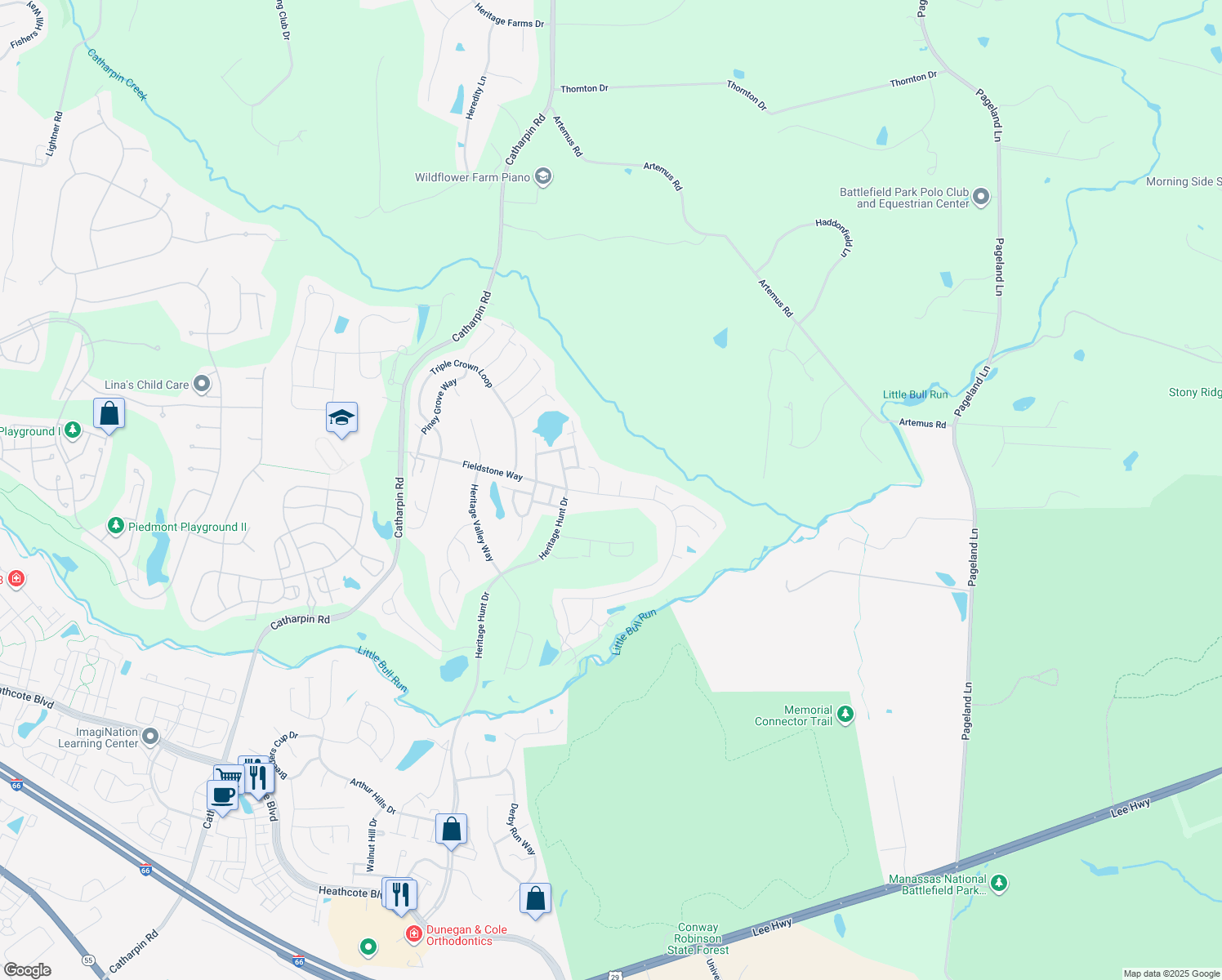 map of restaurants, bars, coffee shops, grocery stores, and more near 13440 Fieldstone Way in Gainesville