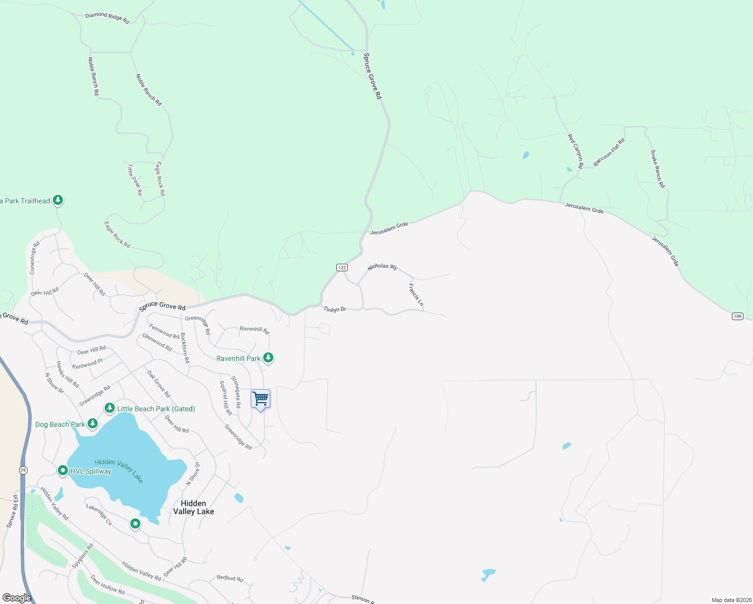 map of restaurants, bars, coffee shops, grocery stores, and more near 16295 Tinilyn Road in Lower Lake