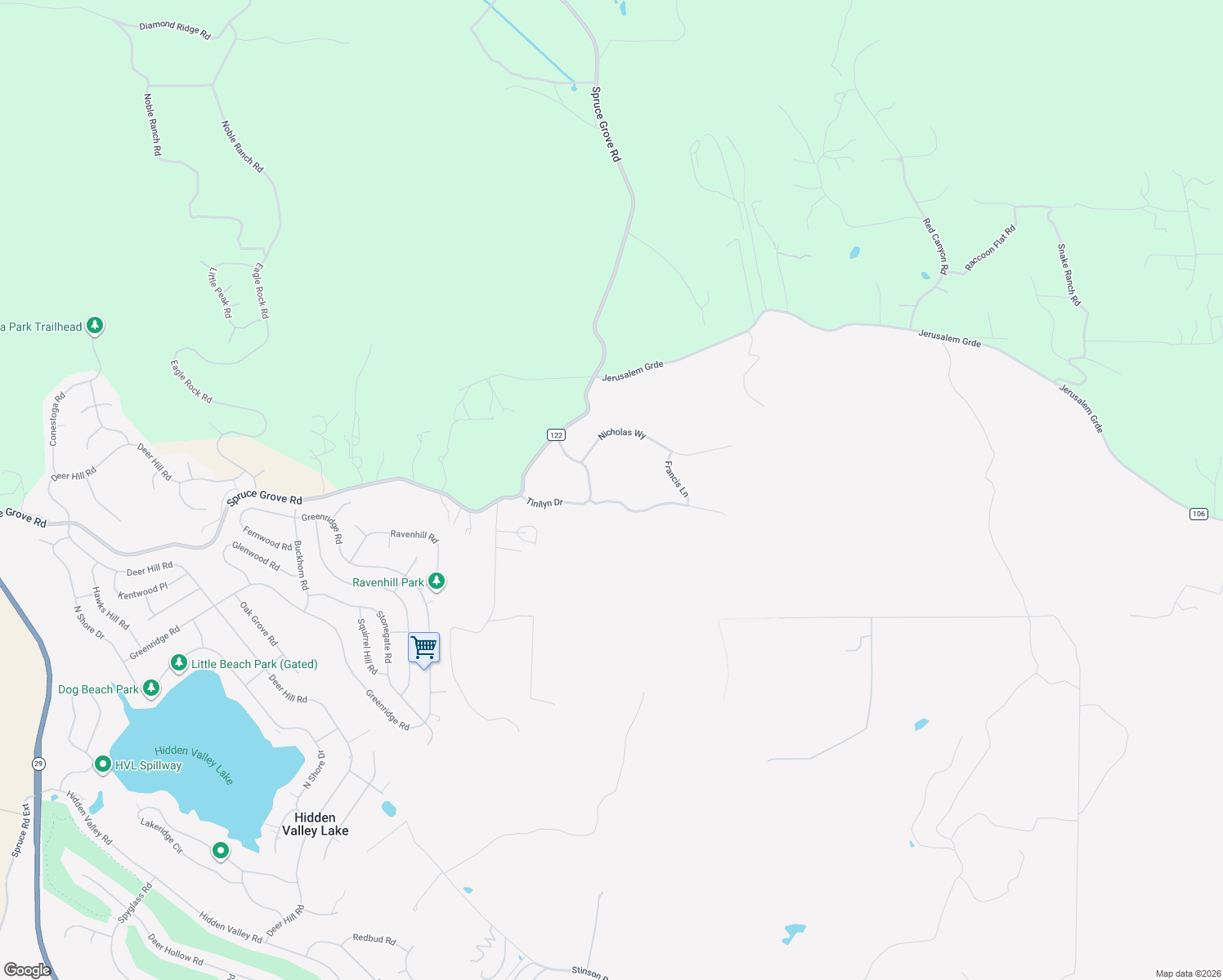 map of restaurants, bars, coffee shops, grocery stores, and more near 16295 Tinilyn Rd in Lower Lake