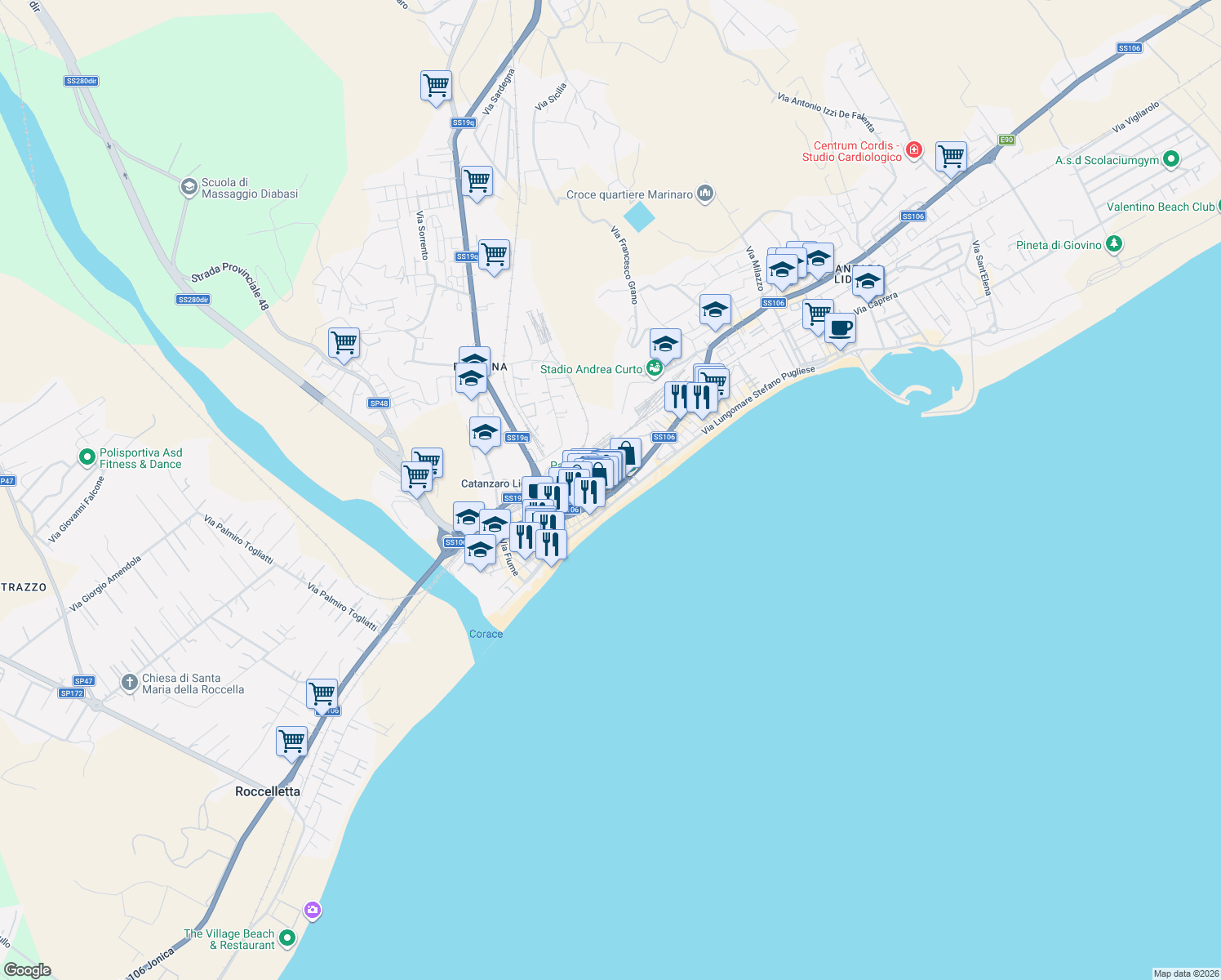 map of restaurants, bars, coffee shops, grocery stores, and more near Via Lungomare Stefano Pugliese in Catanzaro