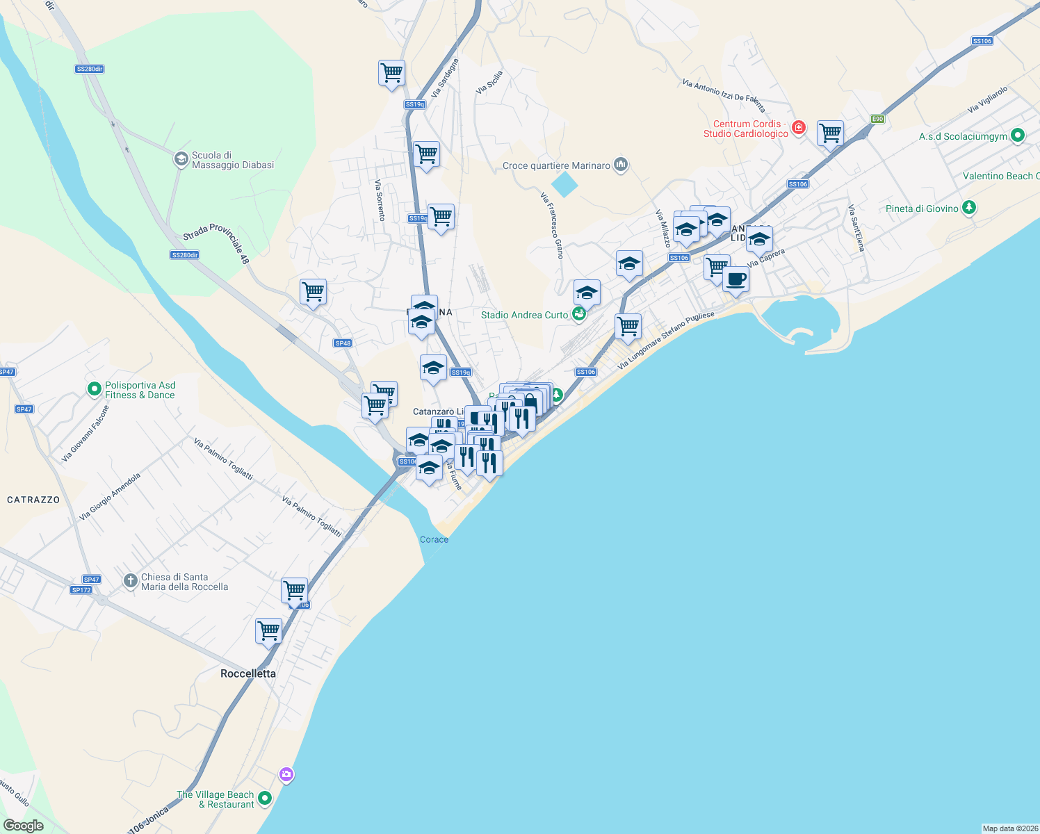 map of restaurants, bars, coffee shops, grocery stores, and more near 5 Largo Murano in Catanzaro