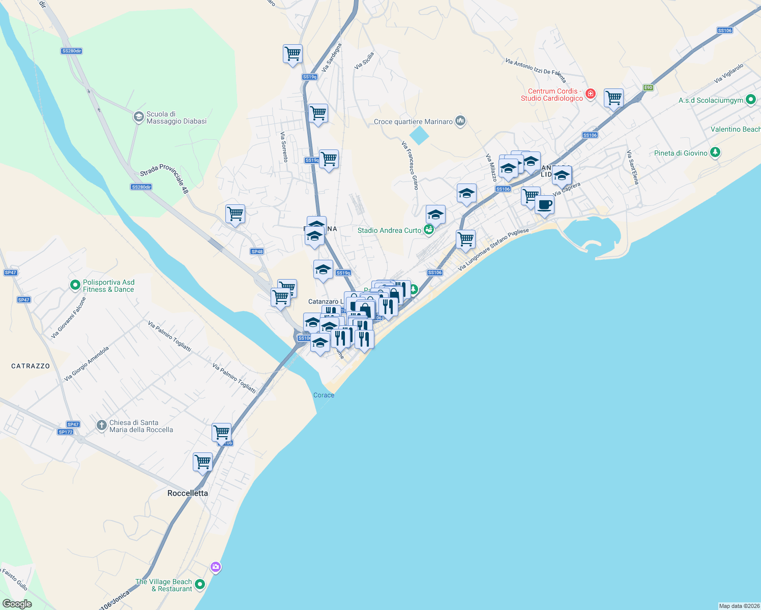 map of restaurants, bars, coffee shops, grocery stores, and more near 50 Via Torrazzo in Catanzaro
