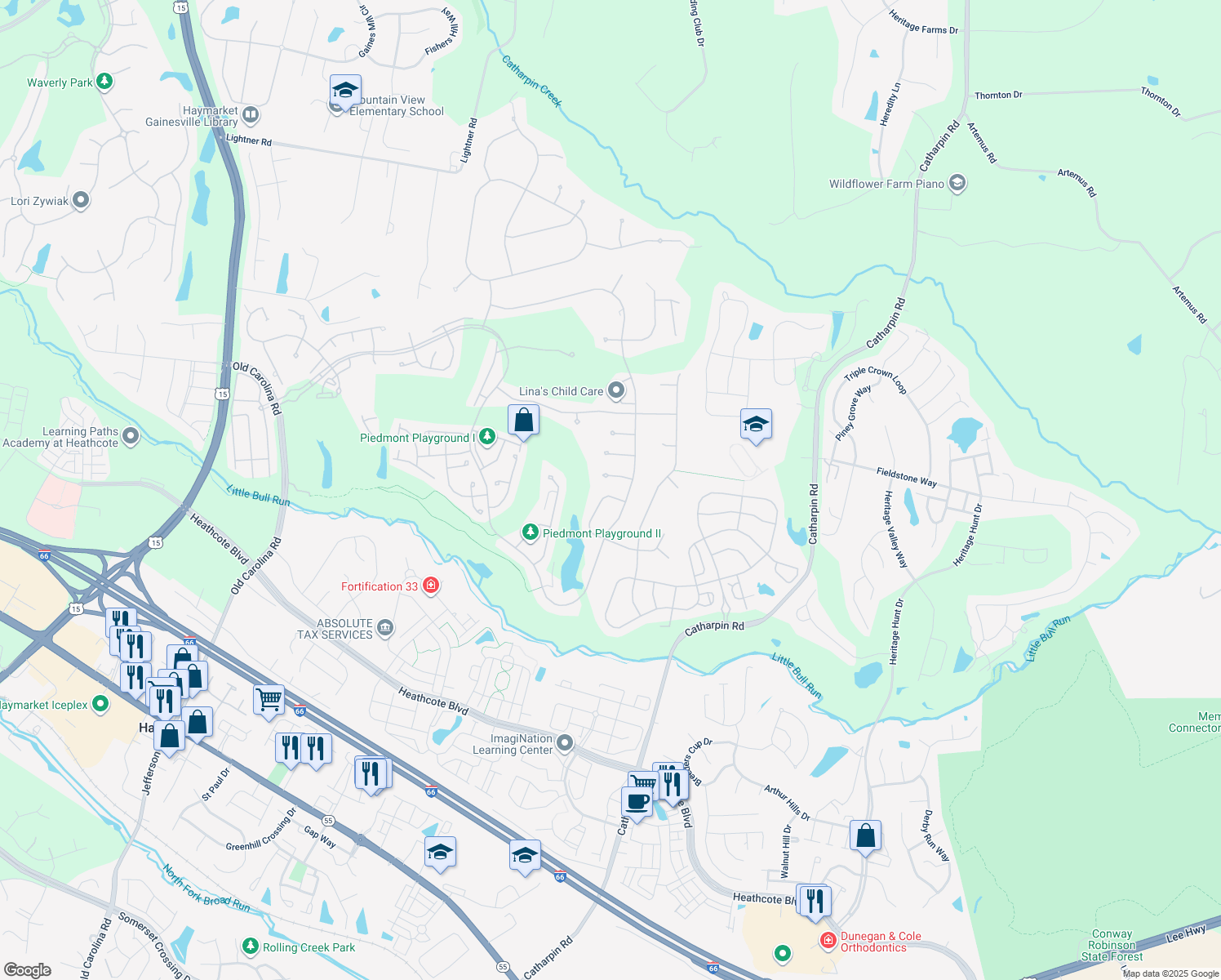map of restaurants, bars, coffee shops, grocery stores, and more near 5808 Brandon Hill Loop in Haymarket