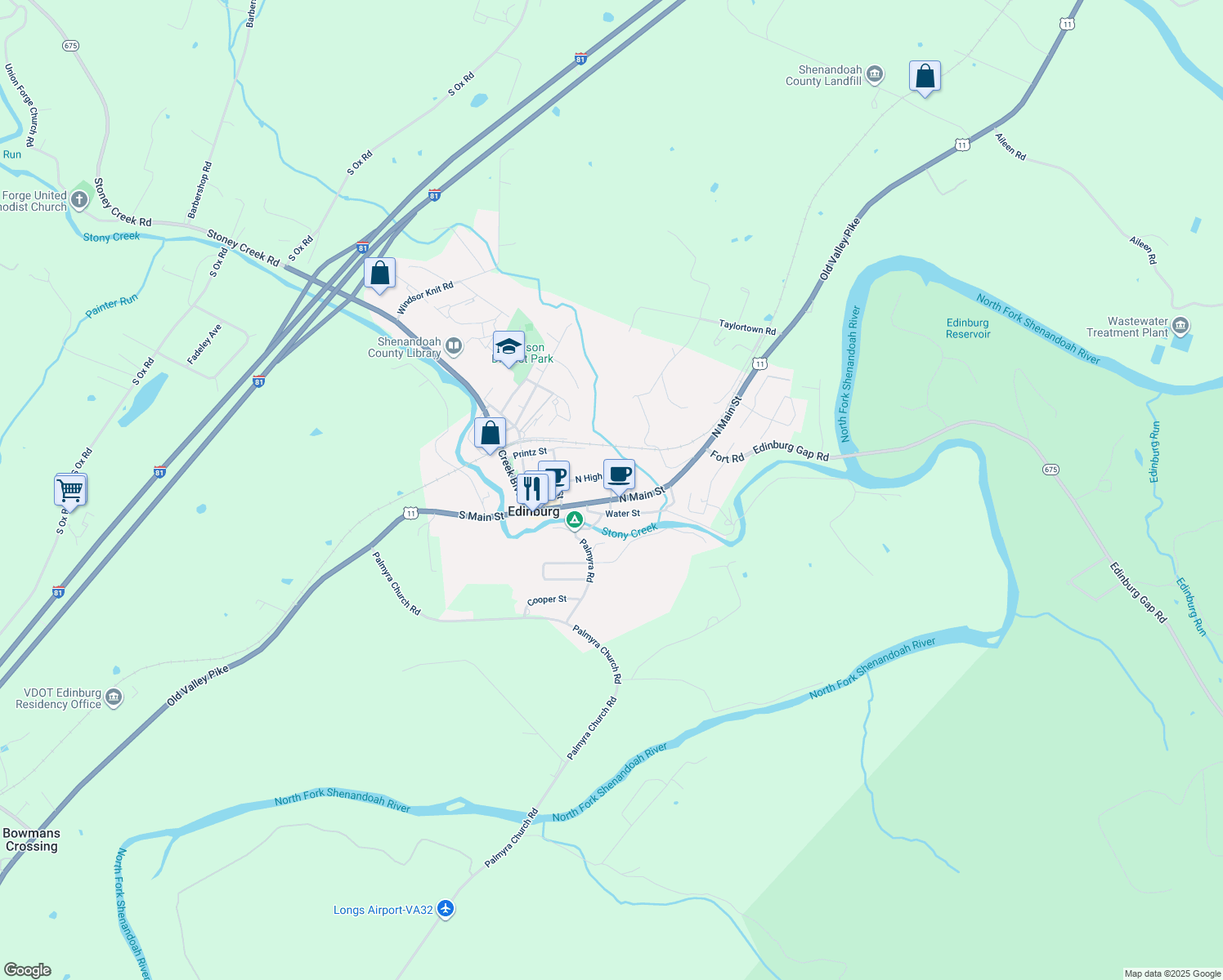 map of restaurants, bars, coffee shops, grocery stores, and more near 107 West Hisey Street in Edinburg