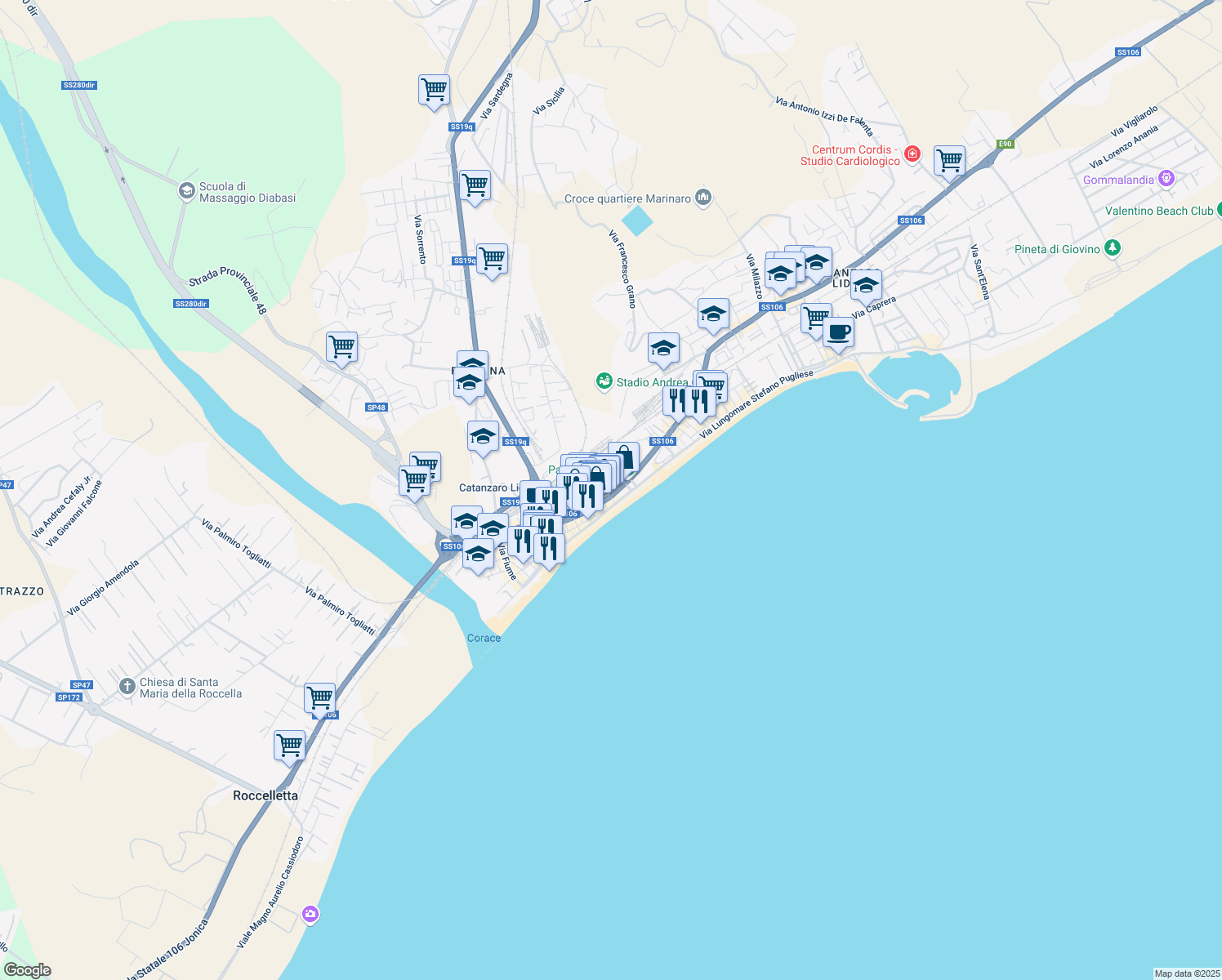 map of restaurants, bars, coffee shops, grocery stores, and more near Via Lungomare Stefano Pugliese in Catanzaro