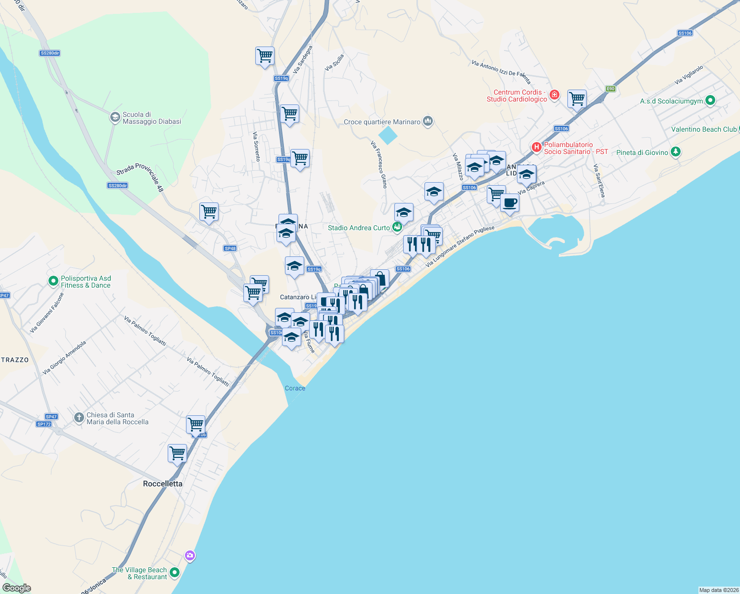 map of restaurants, bars, coffee shops, grocery stores, and more near Via Lungomare Stefano Pugliese in Catanzaro