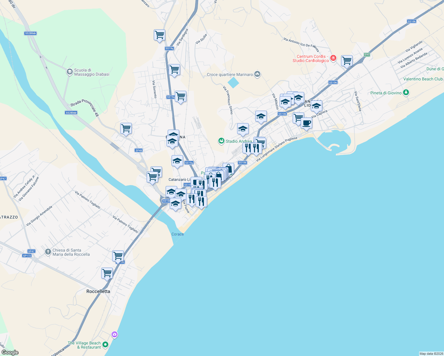 map of restaurants, bars, coffee shops, grocery stores, and more near Via Lungomare Stefano Pugliese in Catanzaro