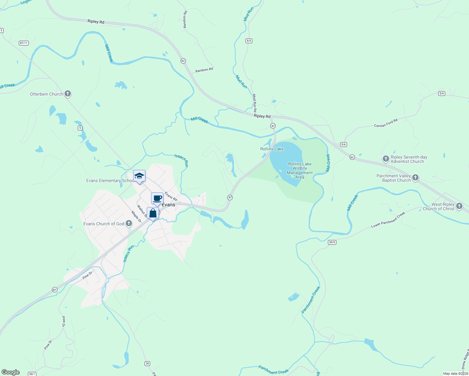 map of restaurants, bars, coffee shops, grocery stores, and more near Hwy 87 in Ripley