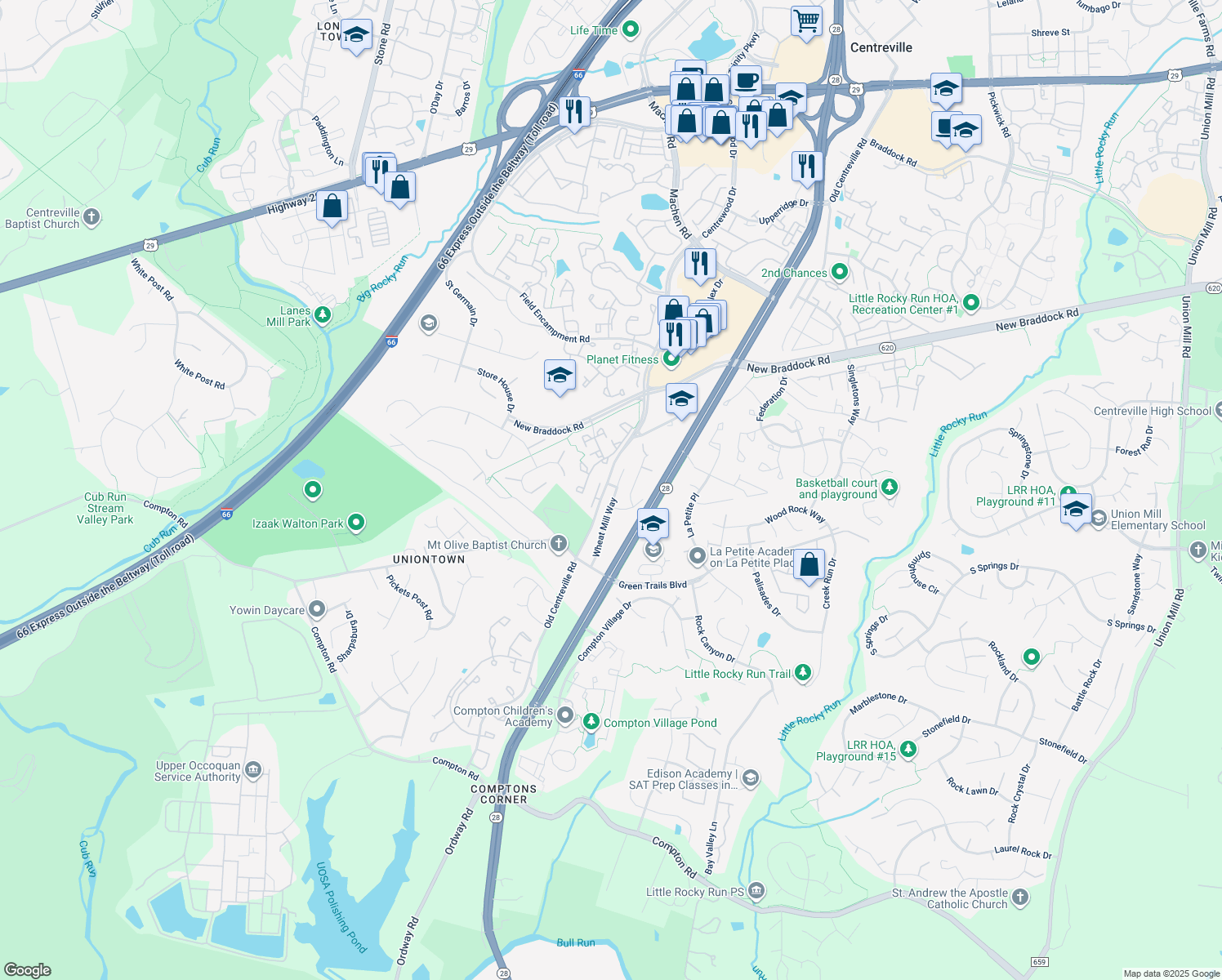 map of restaurants, bars, coffee shops, grocery stores, and more near 6514 Wheat Mill Way in Centreville