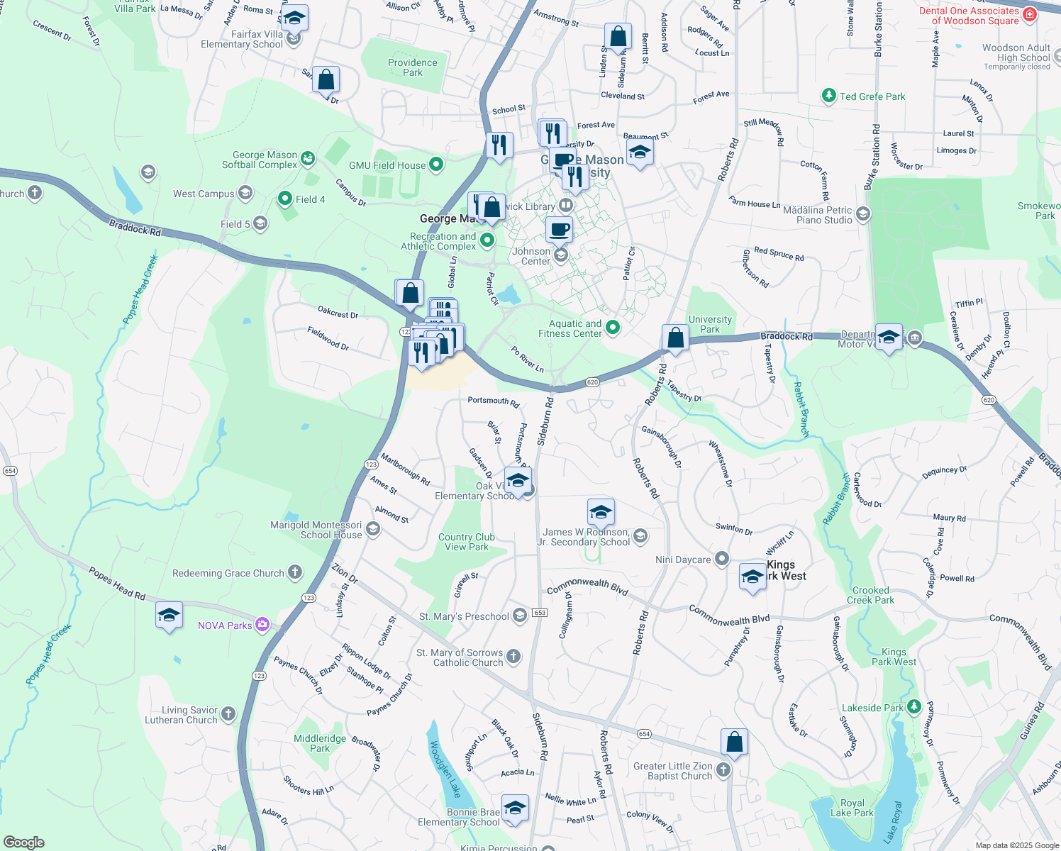 map of restaurants, bars, coffee shops, grocery stores, and more near 5018 Portsmouth Road in Fairfax