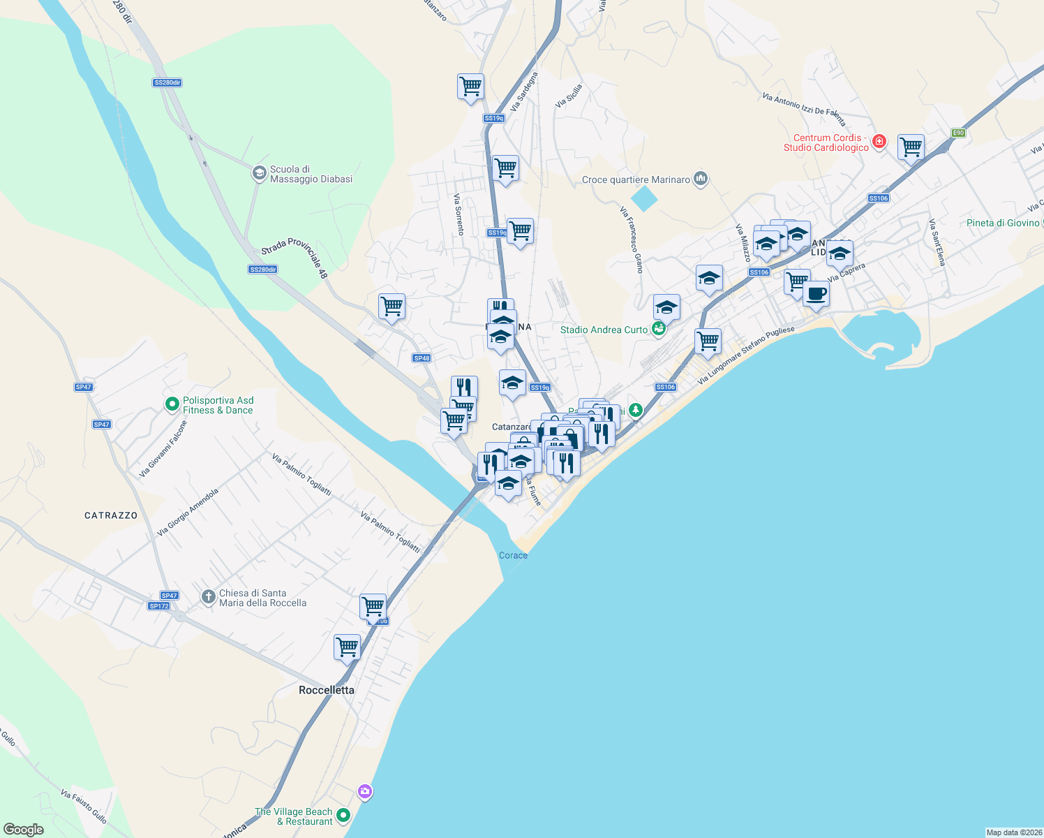 map of restaurants, bars, coffee shops, grocery stores, and more near 52 Via Nazionale in Catanzaro