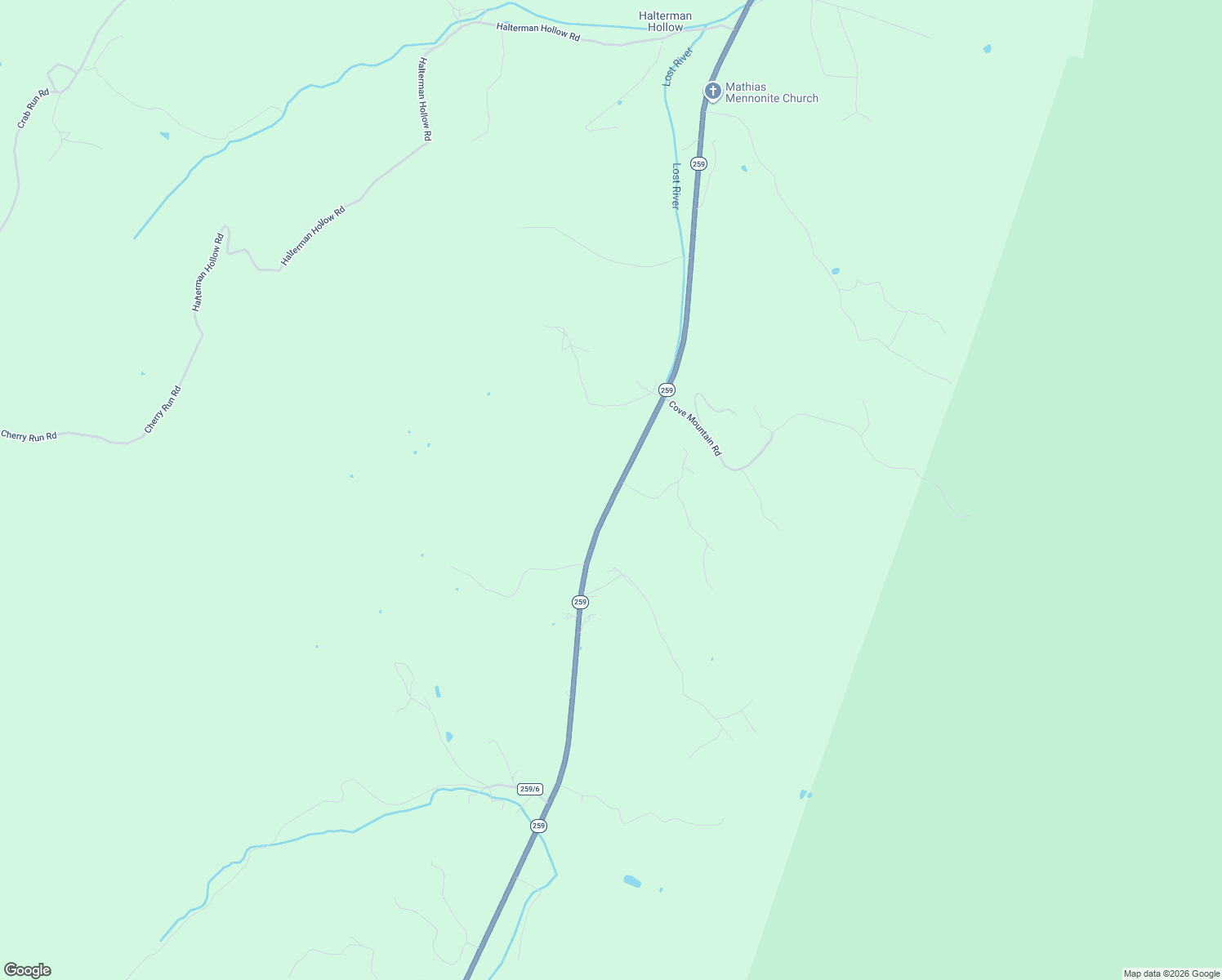 map of restaurants, bars, coffee shops, grocery stores, and more near 17394 West Virginia 259 in Mathias
