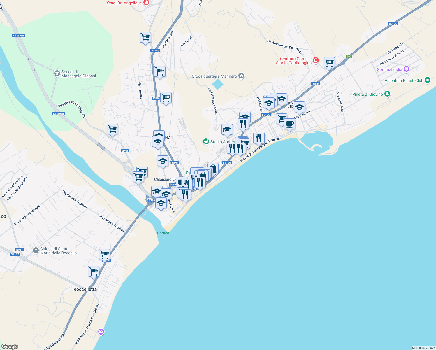 map of restaurants, bars, coffee shops, grocery stores, and more near 20 Traversa Crotone in Catanzaro