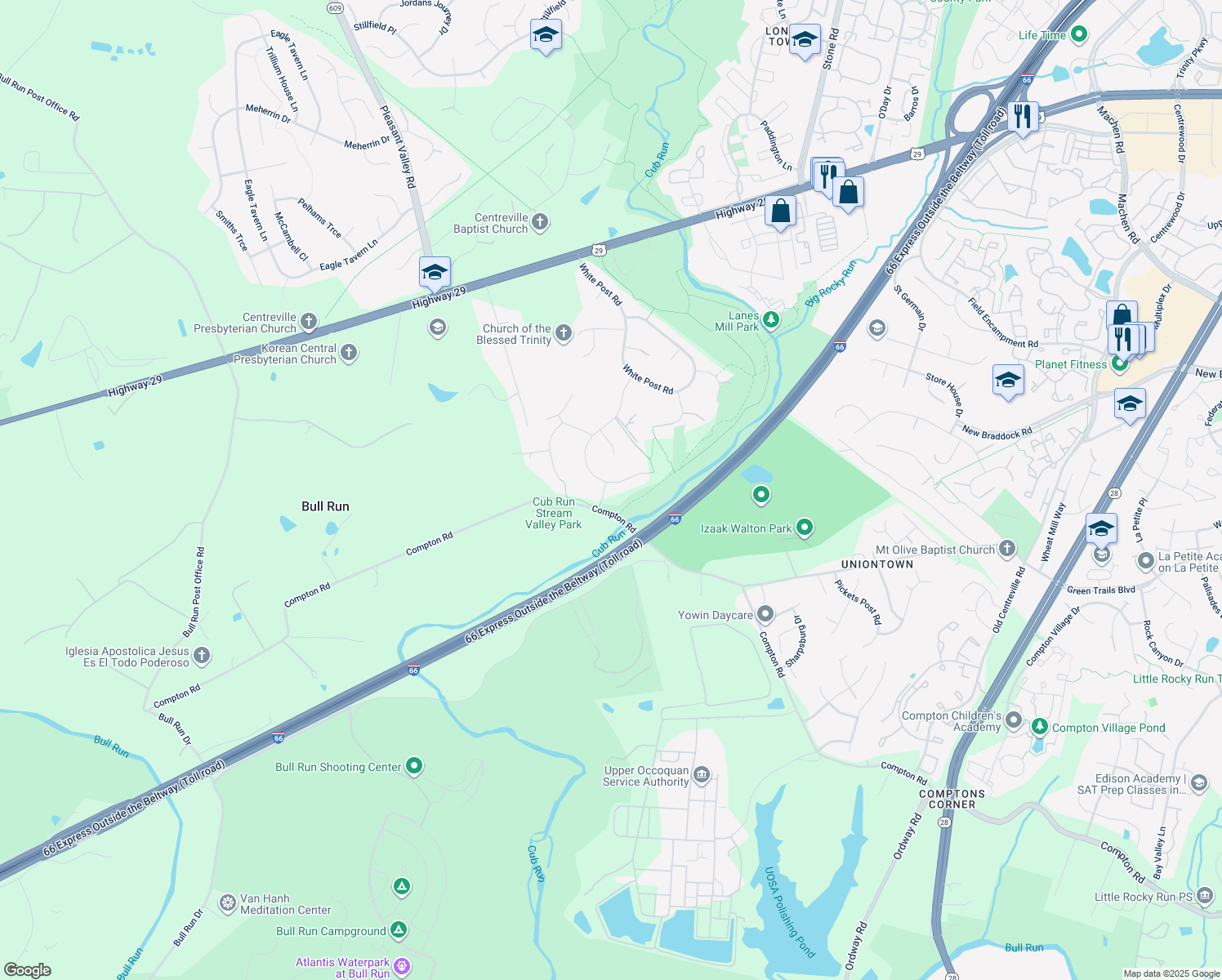 map of restaurants, bars, coffee shops, grocery stores, and more near 6744 Jade Post Lane in Centreville