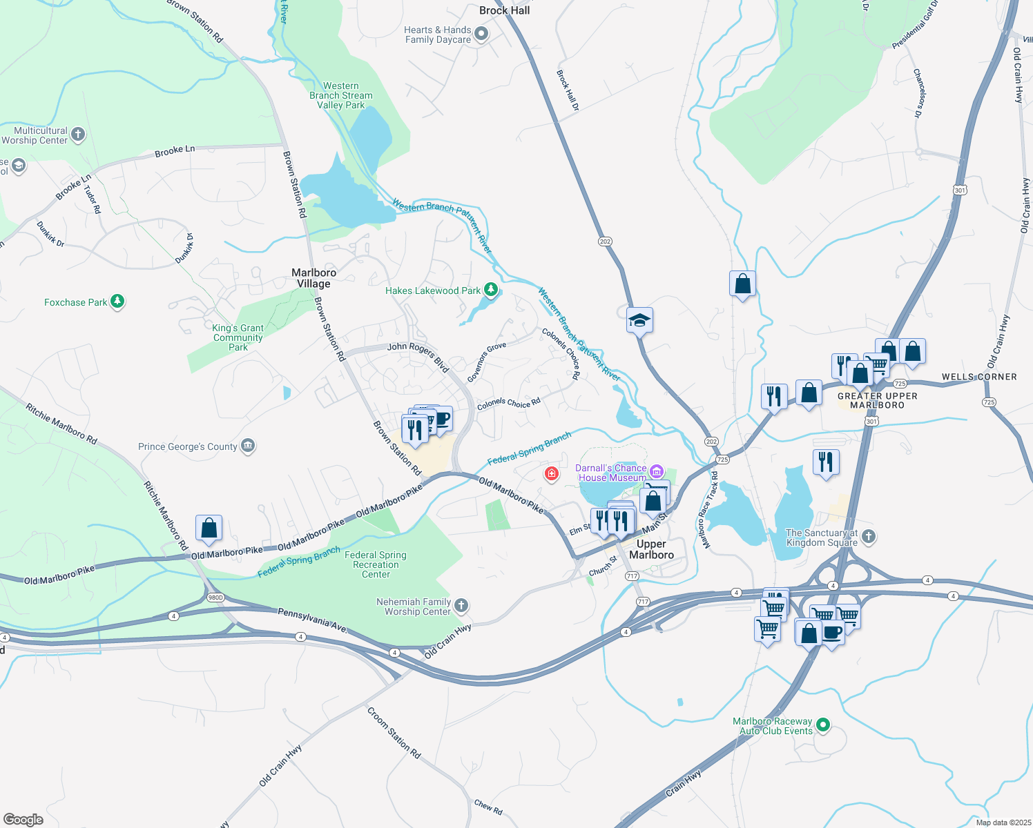 map of restaurants, bars, coffee shops, grocery stores, and more near 4905 Colonel Addison Place in Upper Marlboro