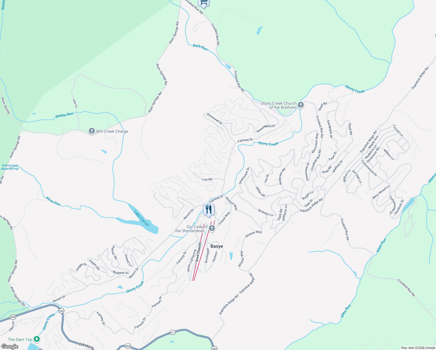 map of restaurants, bars, coffee shops, grocery stores, and more near 27 Braggs Cave Road in Basye