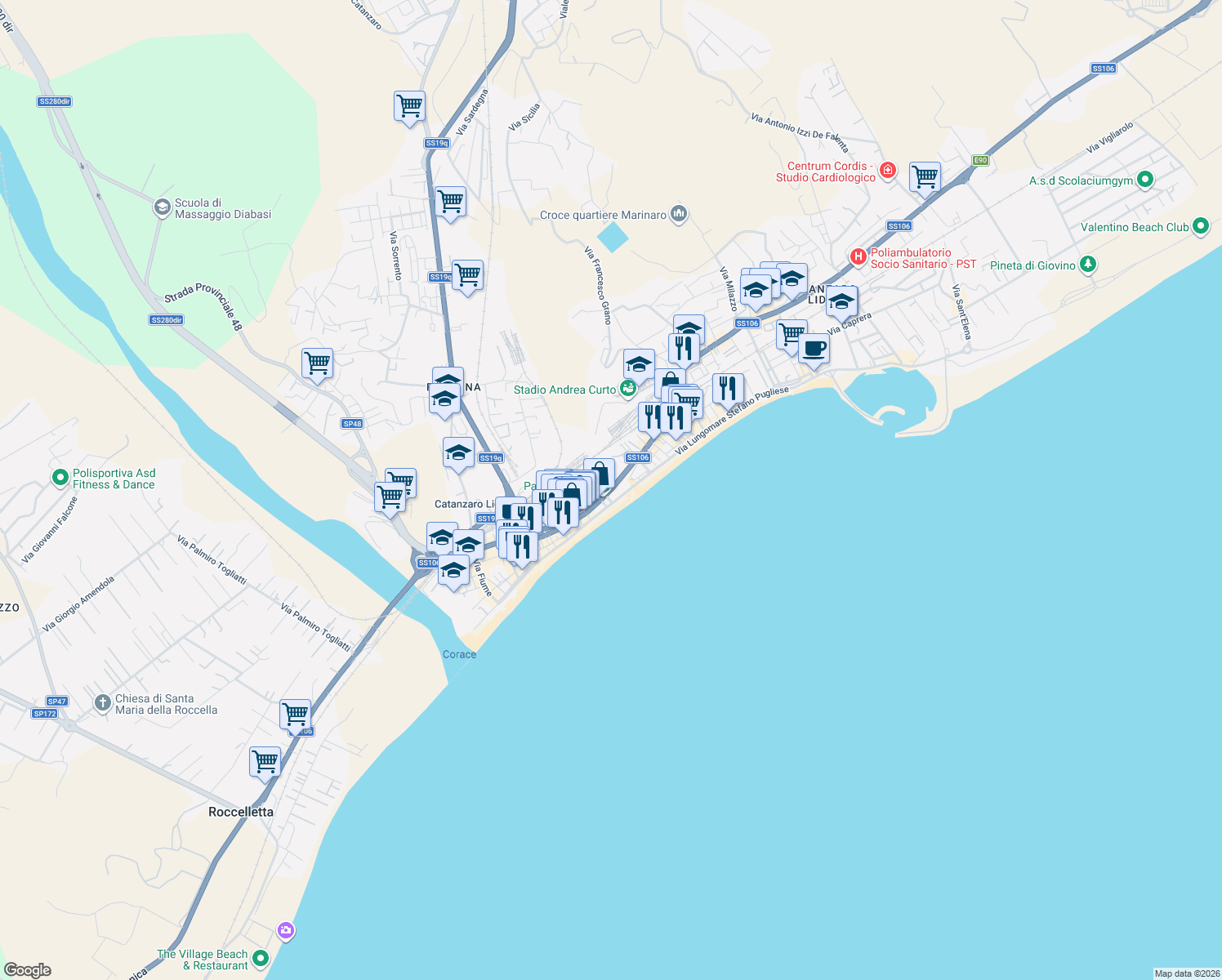 map of restaurants, bars, coffee shops, grocery stores, and more near 20 Traversa Crotone in Catanzaro
