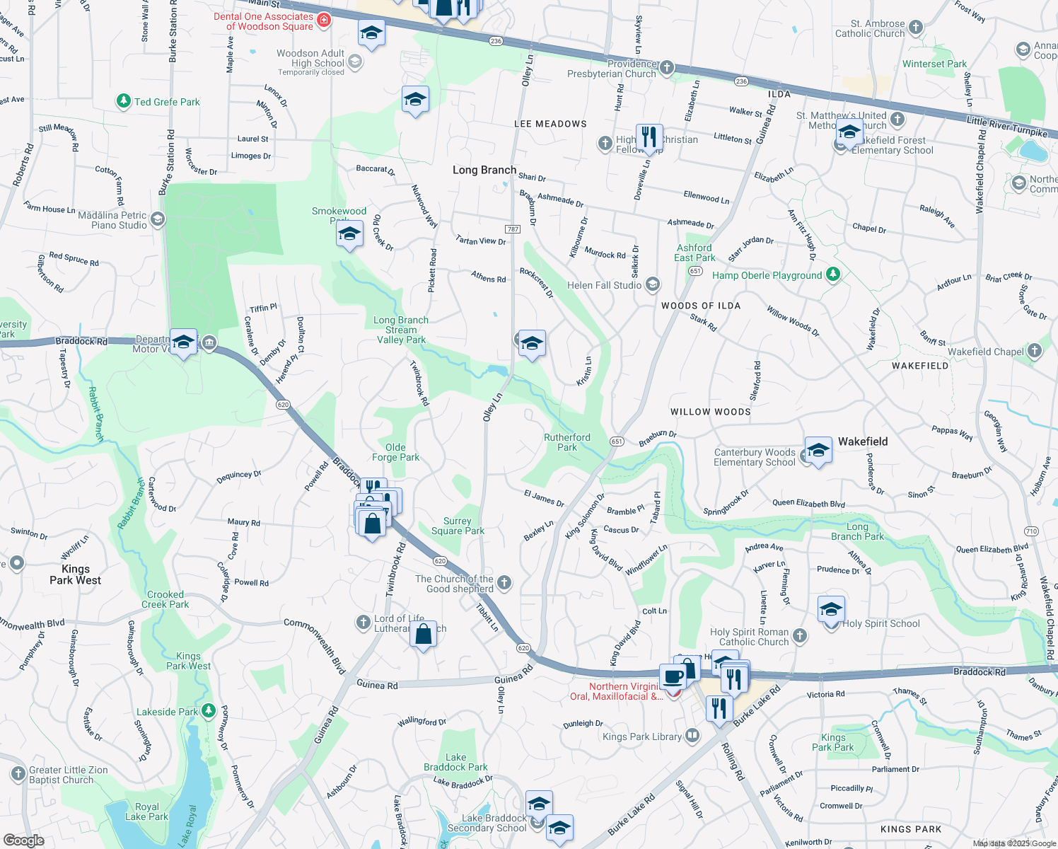 map of restaurants, bars, coffee shops, grocery stores, and more near 4622 Briar Patch Court in Fairfax