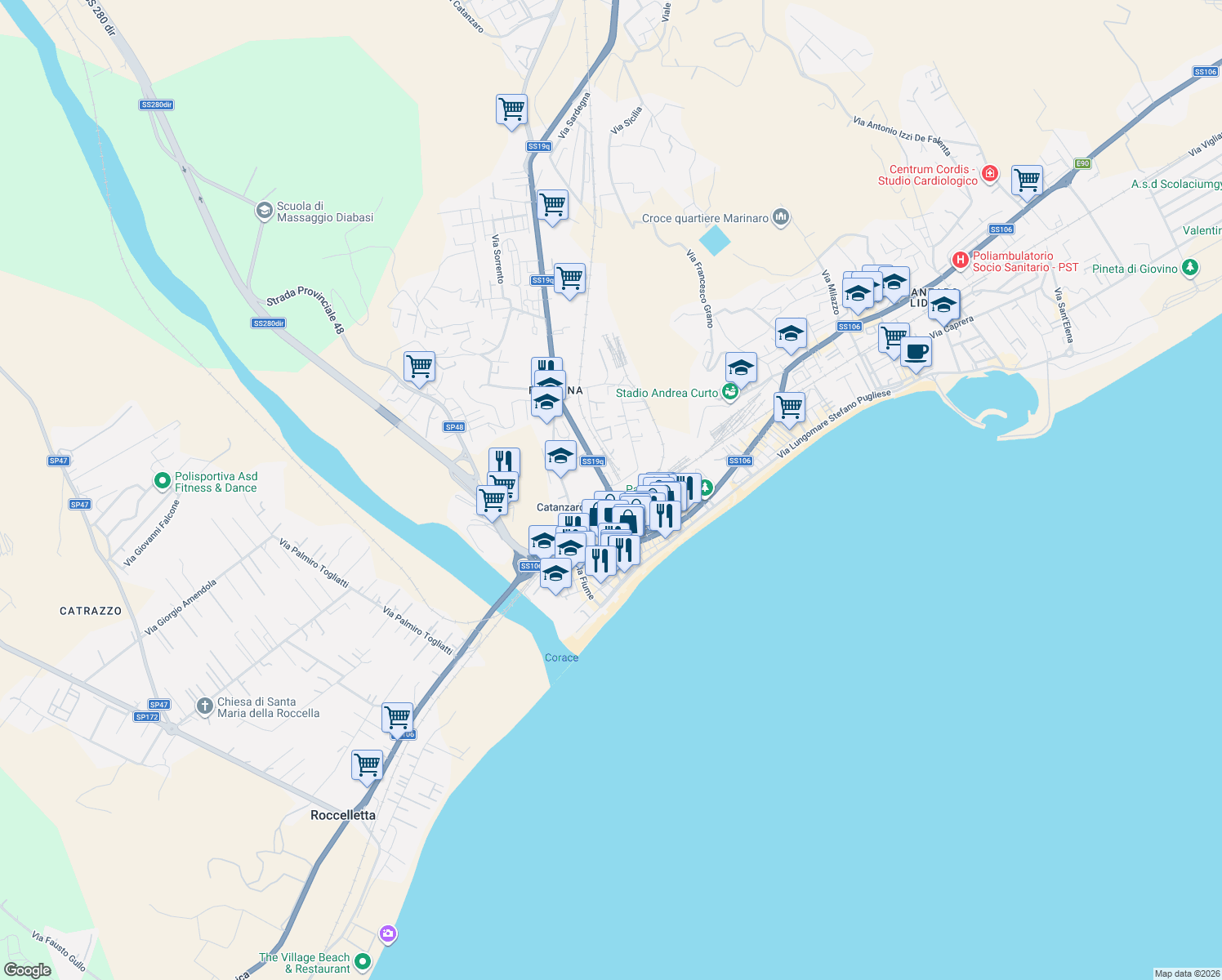 map of restaurants, bars, coffee shops, grocery stores, and more near Via Nazionale in Catanzaro
