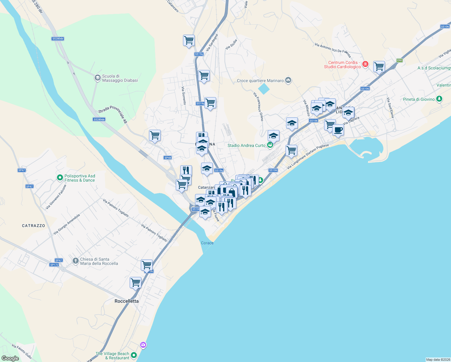 map of restaurants, bars, coffee shops, grocery stores, and more near Via Nazionale in Catanzaro